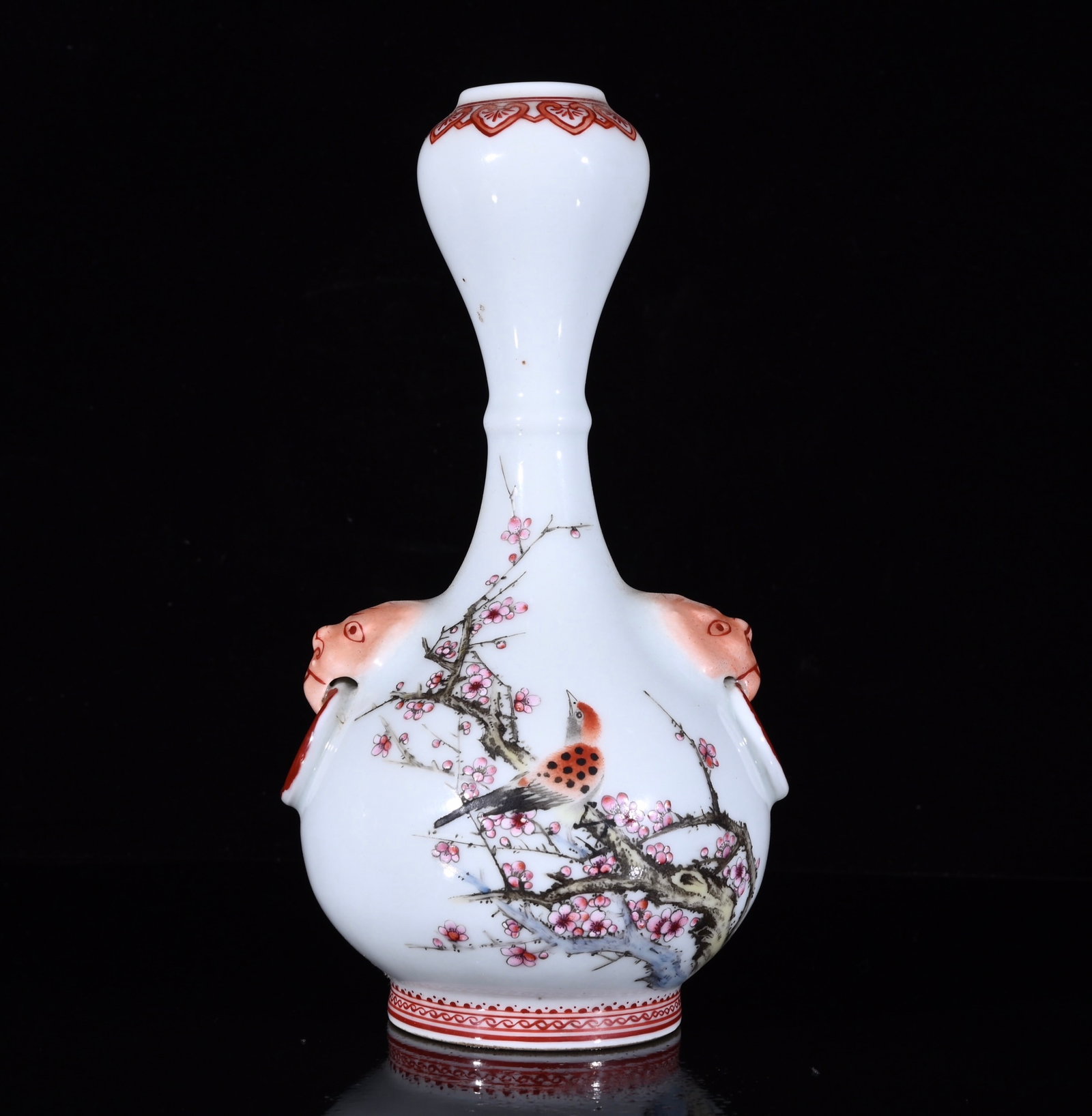 An Exquisite Famille-Rose Flower and Bird Pattern Beast-Ears Vase: An Exquisite Famille-Rose Flower and Bird Pattern Beast-Ears Vase,with poem,the Republic of China,With Mark,Size:7.5inx3.9in 粉彩花鸟纹兽耳瓶,带&#