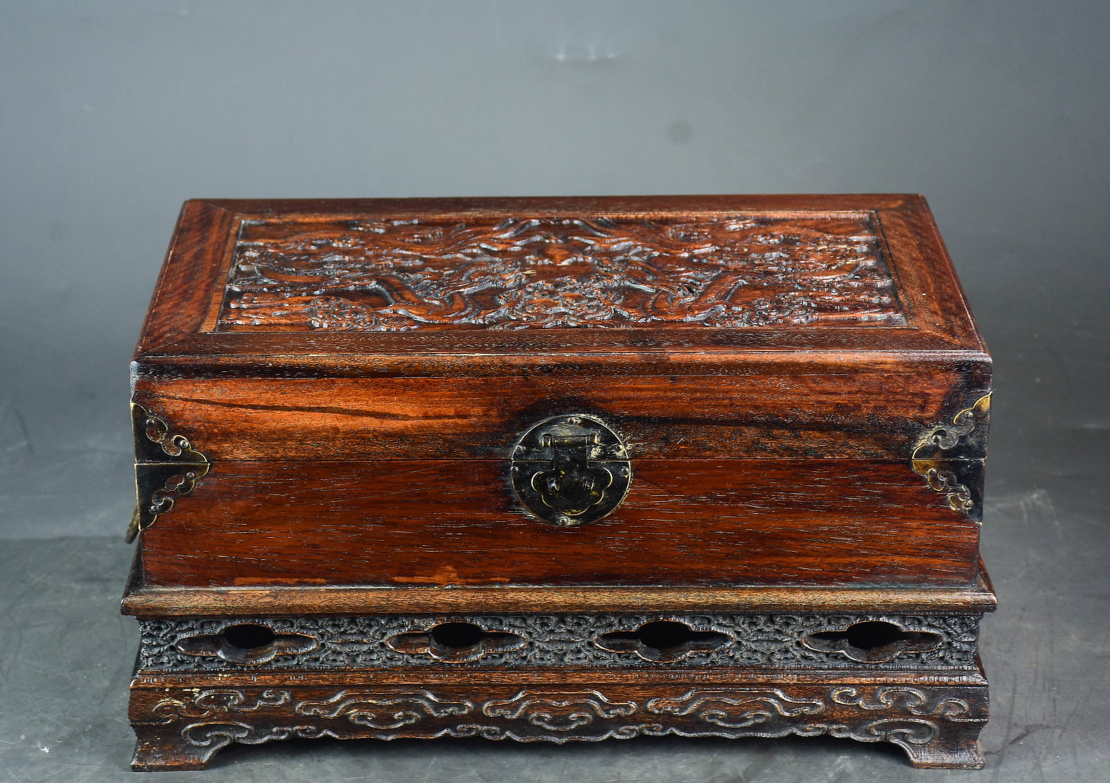 A Rare Huanghuali wood Carve Dragon Pattern Box: A Rare Huanghuali wood Carve Dragon Pattern Box,Qing Dynasty,China,Size:8.3inx14.6inx7.9in 黄花梨木雕刻龙纹盒,中国清代