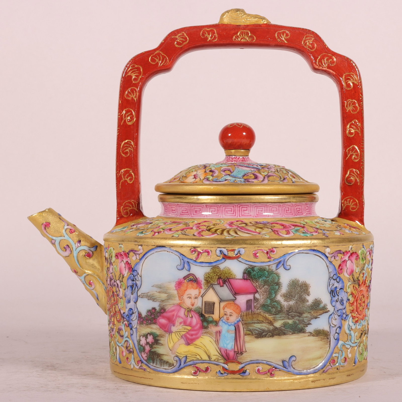 An Exquisite Enamel Gold Ground Character and Story Pattern Loop-Handled Pot (1 of 8)