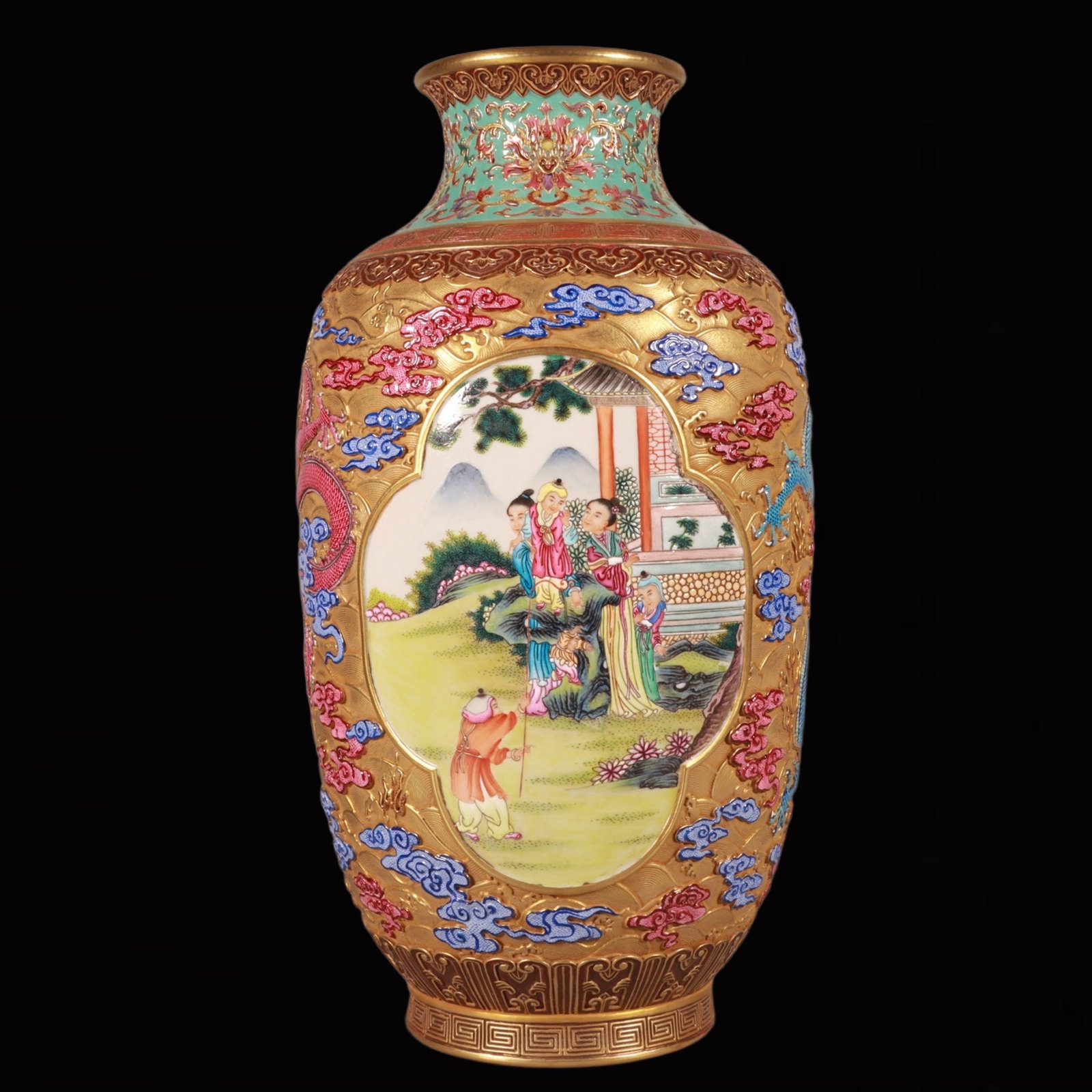 An Exquisite Enamel Gold Ground Character and Story Pattern Vase: An Exquisite Enamel Gold Ground Character and Story Pattern Vase,Qing Dynasty,China,Qianlong Six-character Mark,Size:11inx6.3in 珐琅彩金地人物故事