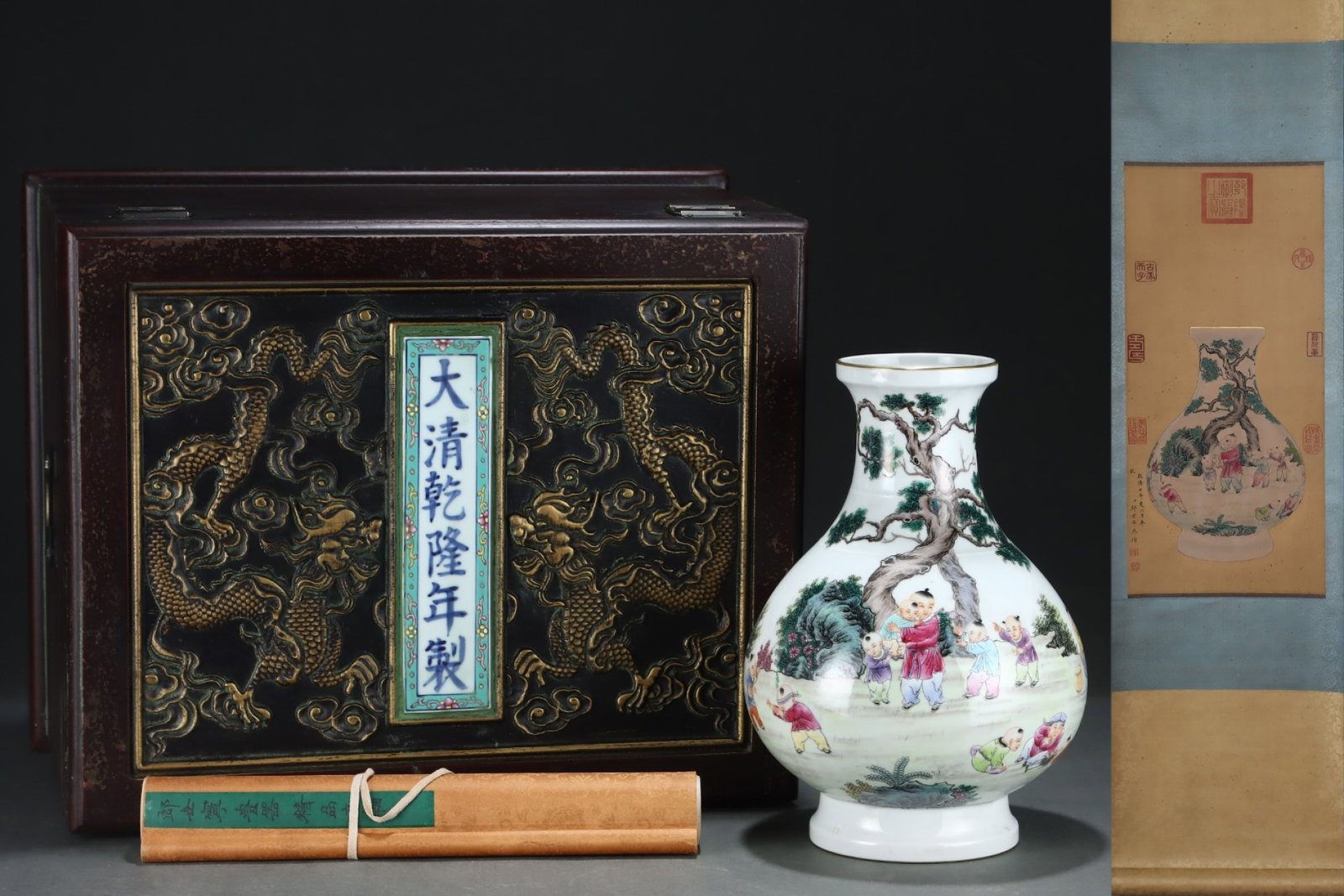 A Rare Famille-Rose Painted Gold Figure and Story Pattern Vase,with Chinese Vertical Scroll Ink: A Rare Famille-Rose Painted Gold Figure and Story Pattern Vase,with Chinese Vertical Scroll Ink Painting on Silk,Qing Dynasty,China,Qianlong Six-Character Mark,Size:(Without Frame)25.2inx11.8in,(Porce
