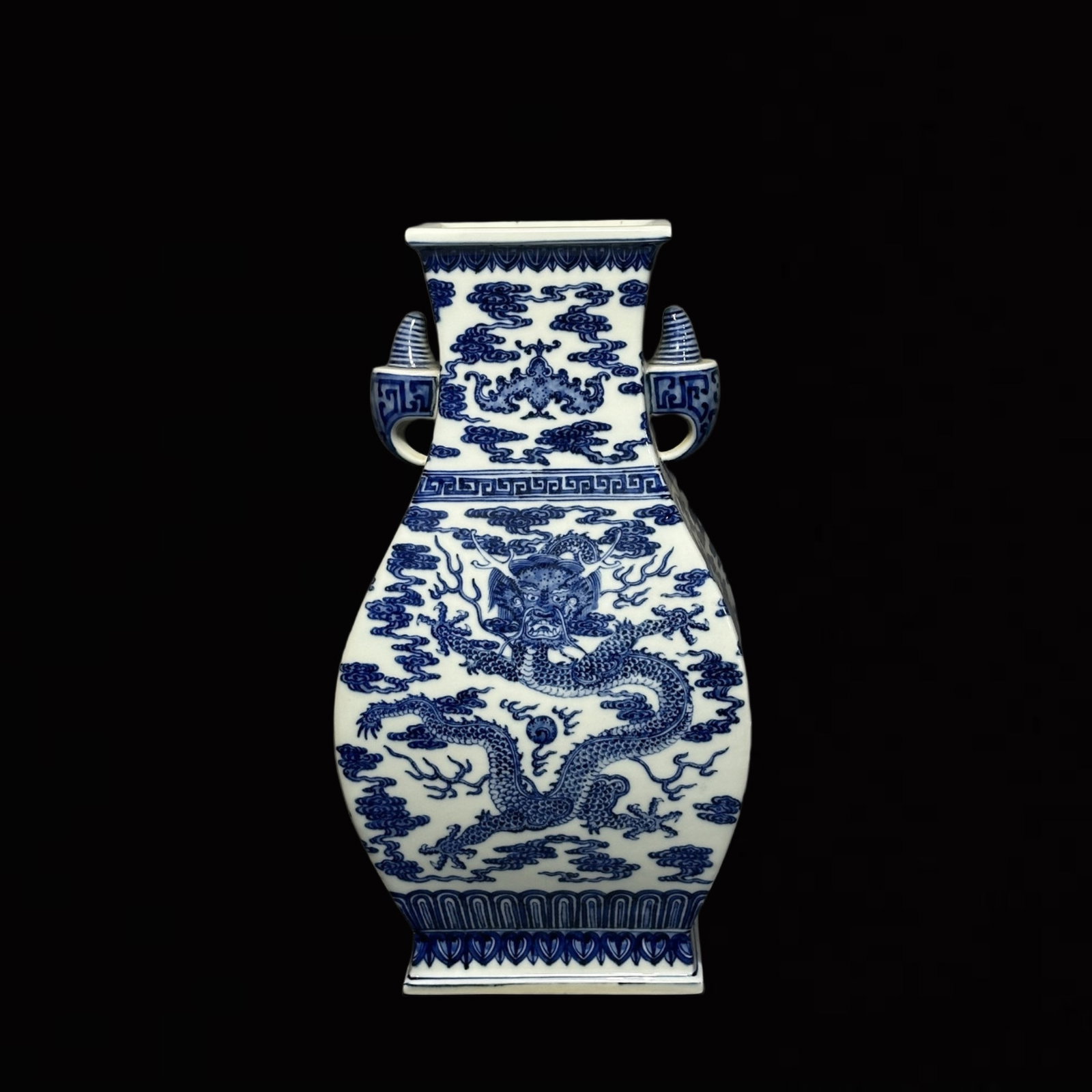 An Exquisite Blue and White Dragon and Phoenix Pattern Double-Ears Vase: An Exquisite Blue and White Dragon and Phoenix Pattern Double-Ears Vase,Qing Dynasty,China,Qianlong Six-Character Mark,Size:15.1inx8.1in