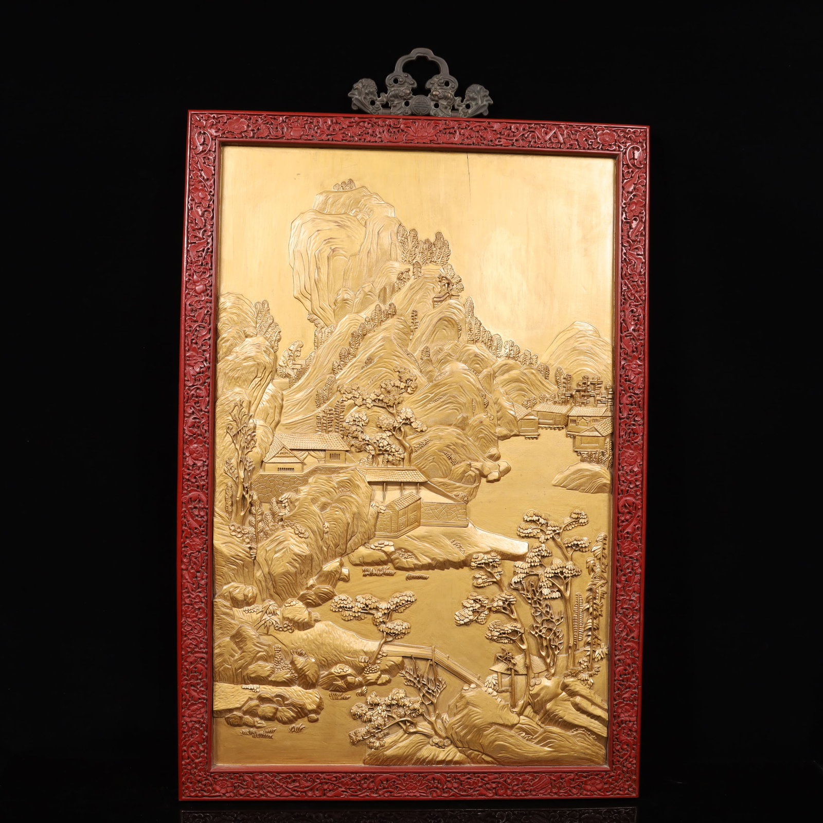 A Huge Carved Red Lacquer Landscape Pattern Hanging Panel: A Huge Carved Red Lacquer Landscape Pattern Hanging Panel,Qing Dynasty, China,Qianlong Six-character Mark,Size:24.8inx40.2in,Weight:5650g 剔红漆山水纹挂ऻ