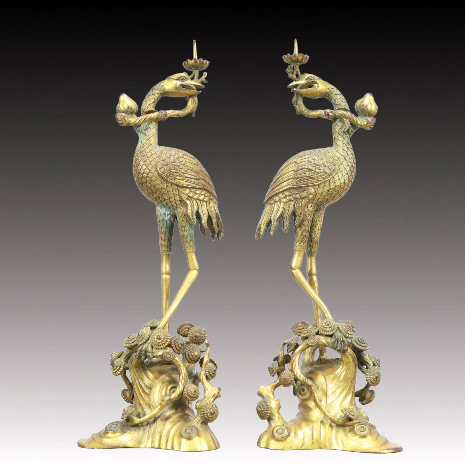A Pair of Rare Gilt Bronze Crane Candlesticks: A Pair of Rare Gilt Bronze Crane Candlesticks,Ming Dynasty, China,Size:5.1inx3.7inx15.4in,Weight:4450g