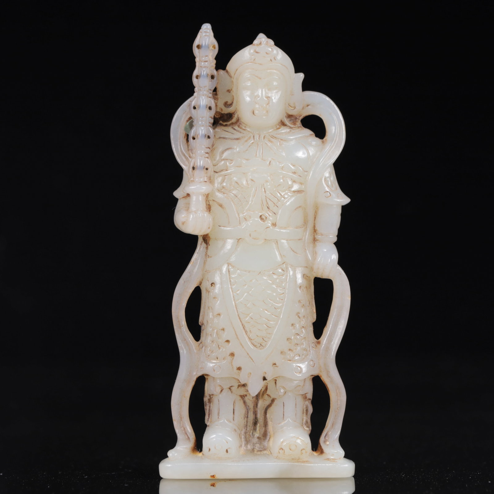 An Exquisite White Jade Statue of Heavenly King: An Exquisite White Jade Statue of Heavenly King,Qing Dynasty, China,Size:1.8inx0.8inx4.9in,Weight:98g 白玉天王像,中国清代