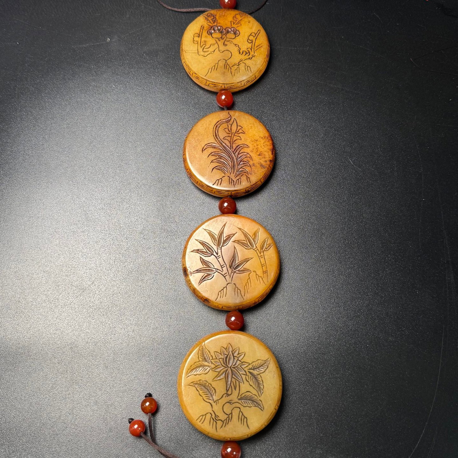 An Exquisite Archaic Jade Plum Blossom,Orchid Bamboo and Chrysanthemum Pattern Pendant,with poem: An Exquisite Archaic Jade Plum Blossom,Orchid Bamboo and Chrysanthemum Pattern Pendant,with poem,Ancient Time,China,Size:52mmx13mm,Weight:322g 高古玉梅兰竹菊&