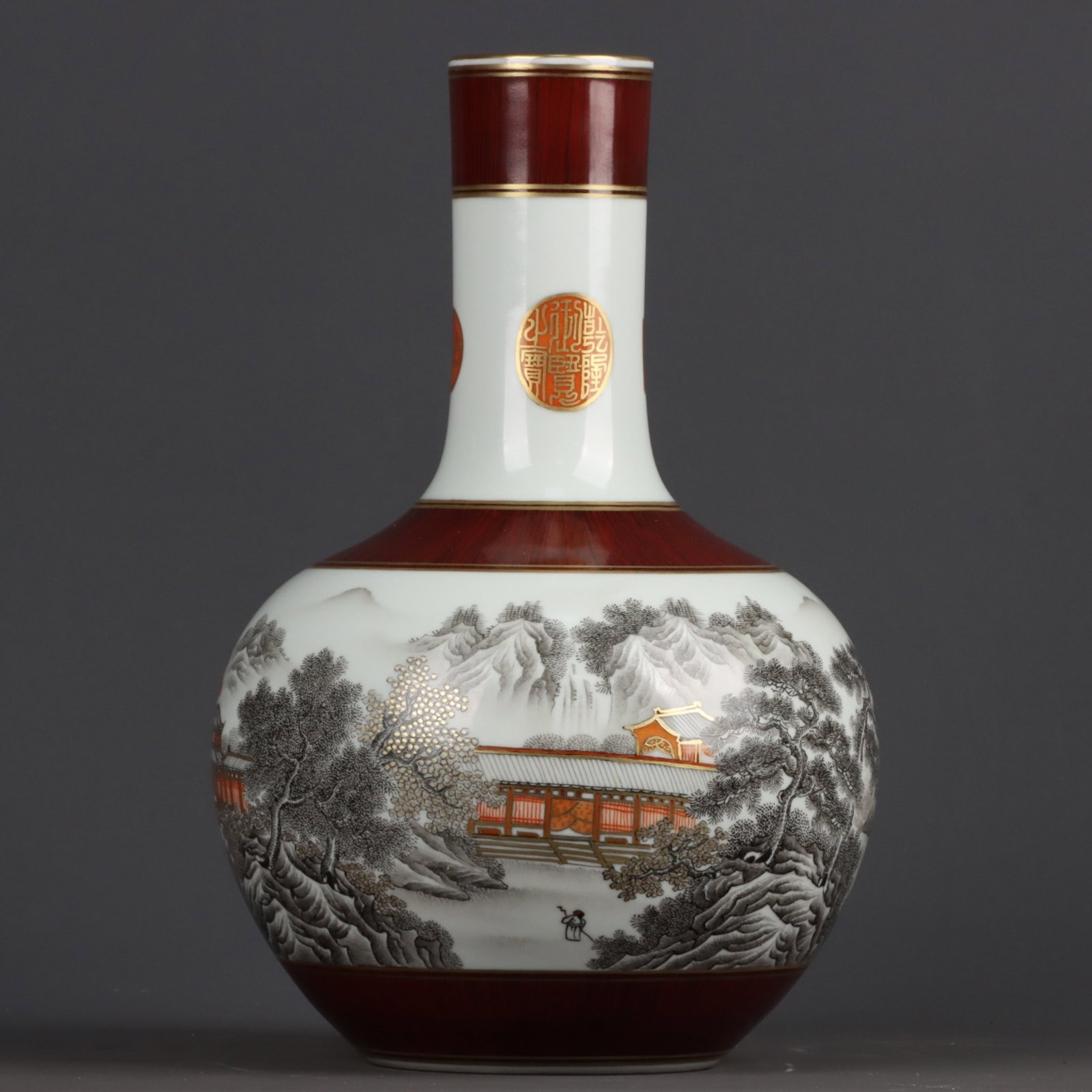 An Exquisite Ink Color Gilt Landscape and Figure Pattern Vase ,with Poem: An Exquisite Ink Color Gilt Landscape and Figure Pattern Vase ,with Poem ,Qing Dynasty, China,Qianlong Six-character Mark,Size:12.2inx7.9in 墨彩鎏金山水人