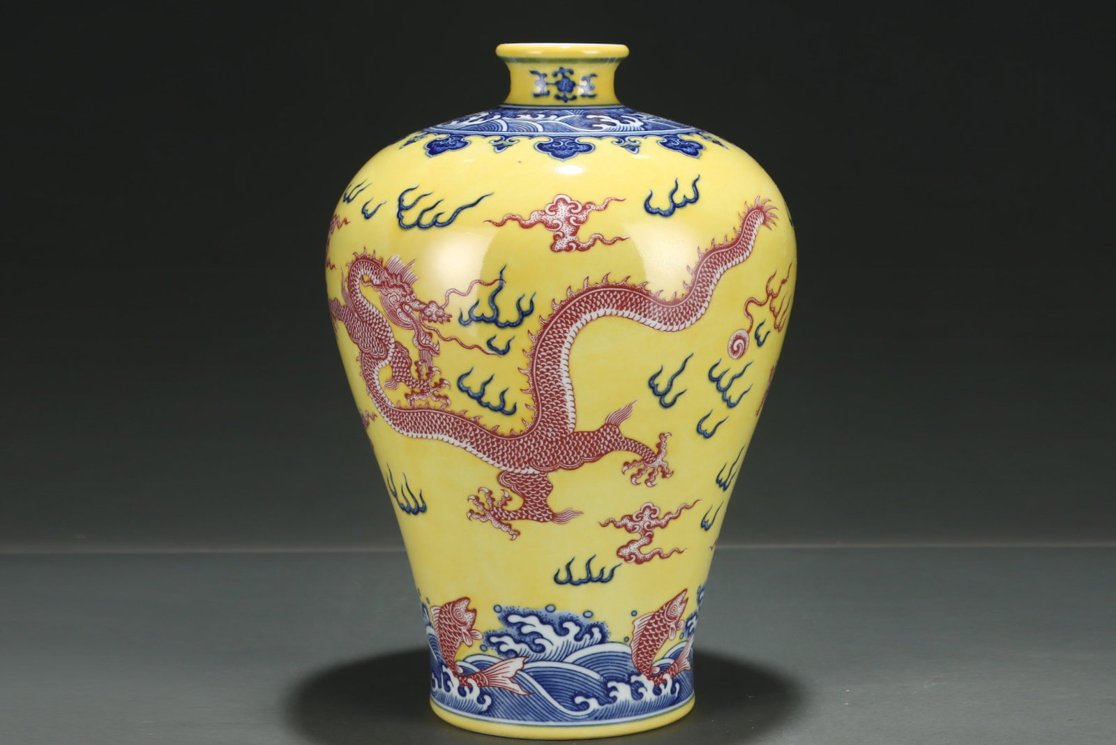 A Rare Yellow Ground Underglaze-Red Seawater and Dragon Pattern Vase,with Chinese Vertical Scroll: A Rare Yellow Ground Underglaze-Red Seawater and Dragon Pattern Vase,with Chinese Vertical Scroll Ink Painting on Silk,Qing Dynasty,China,Qianlong Six-Character Mark,Size:(Without Frame)24.4inx11.8in,