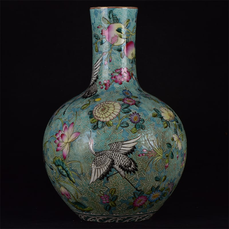 A Rare Green Glazed Famille-Rose Flower and Crane Pattern Vase: A Rare Green Glazed Famille-Rose Flower and Crane Pattern Vase,Qing Dynasty,China,Qianlong Six-Character Mark,Size:15.4inx9.8in 绿釉粉彩花卉鹤纹瓶