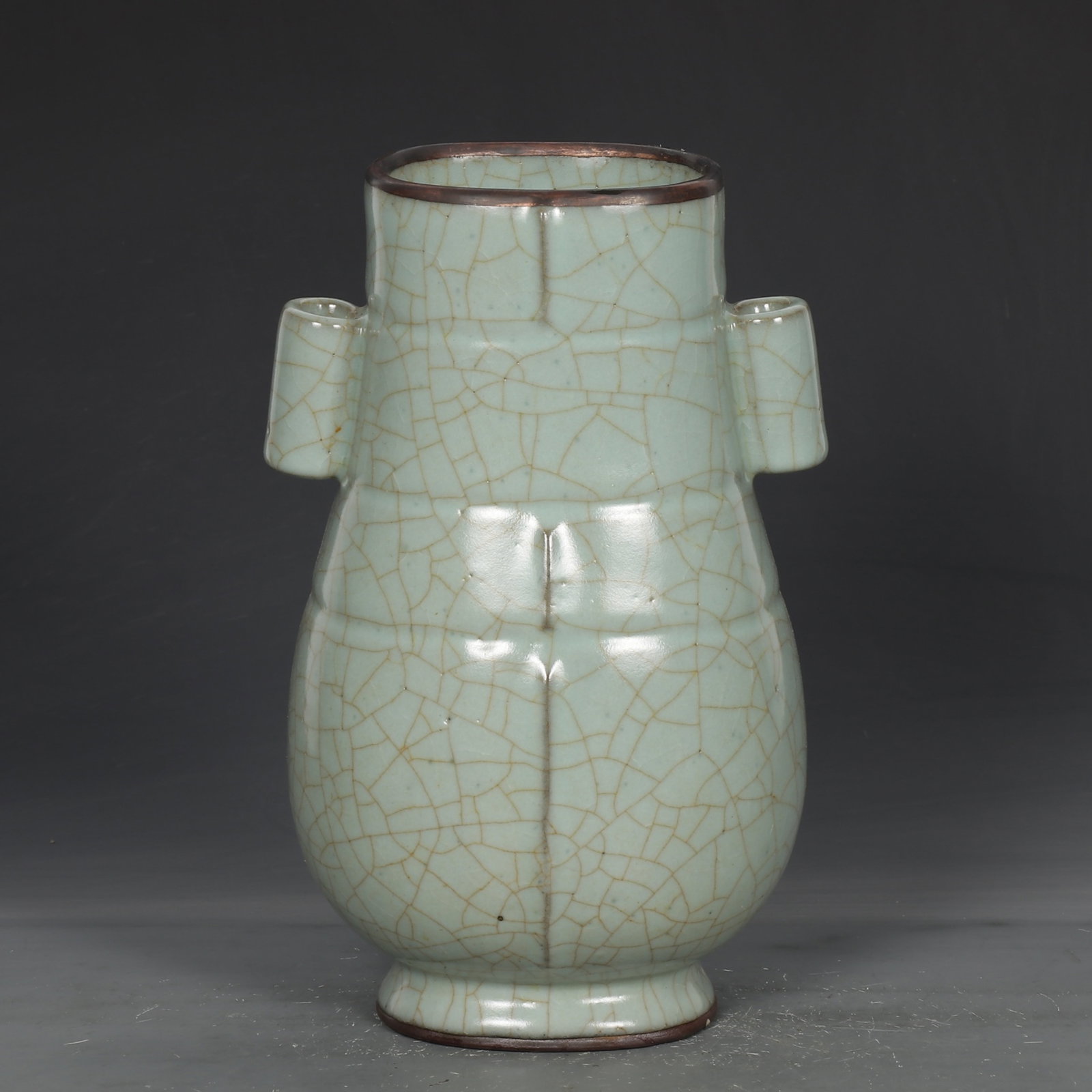 An Exquisite Guan yao Celadon Glazed Cover with Silver Double-Ears Vase,with an Imperial Poem by: An Exquisite Guan yao Celadon Glazed Cover with Silver Double-Ears Vase,with an Imperial Poem by Emperor Qianlong,Song Dynasty,China,With Mark,Size:10.3inx6.1in 官窑青釉银