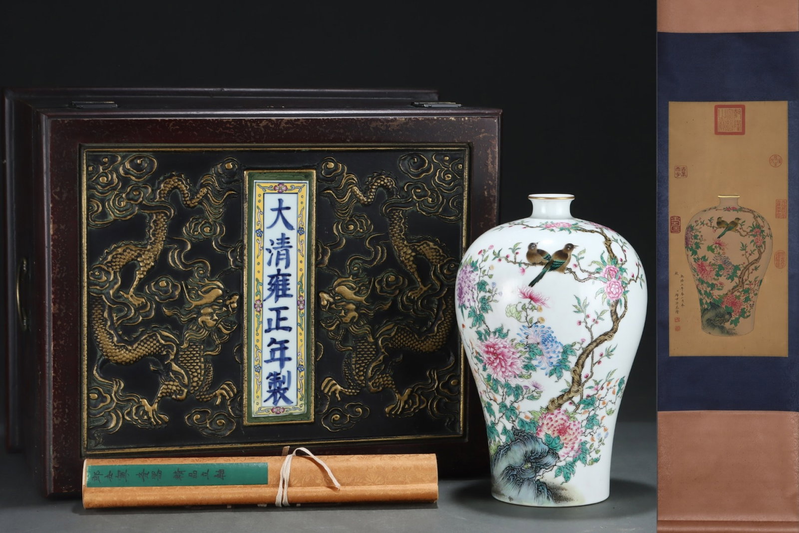 A Rare Famille-Rose Painted Gold Flower and Bird Pattern Vase,with poem,with Chinese Vertical Scroll: A Rare Famille-Rose Painted Gold Flower and Bird Pattern Vase,with poem,with Chinese Vertical Scroll Ink Painting on Silk,Qing Dynasty,China,Yongzheng Six-character Mark,Size:(Porcelain)12.6inx8.1in,(