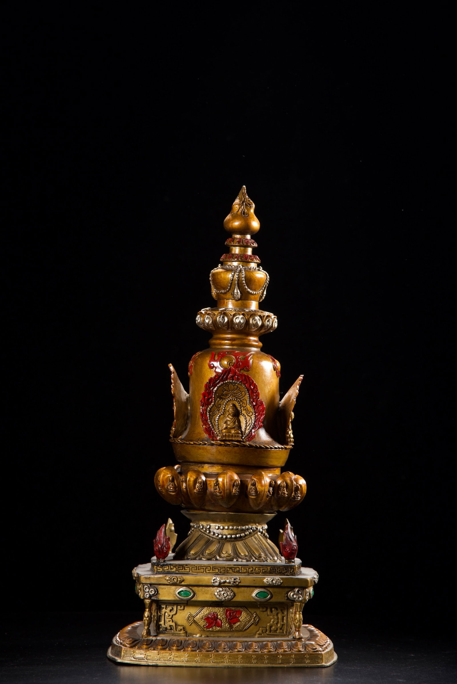 An Exquisite Bronze Painted Color Pagoda: An Exquisite Bronze Painted Color Pagoda,Qing Dynasty,China,Size:15.7inx7.9inx7.9in,Weight:4035g 铜彩绘佛塔,中国清代