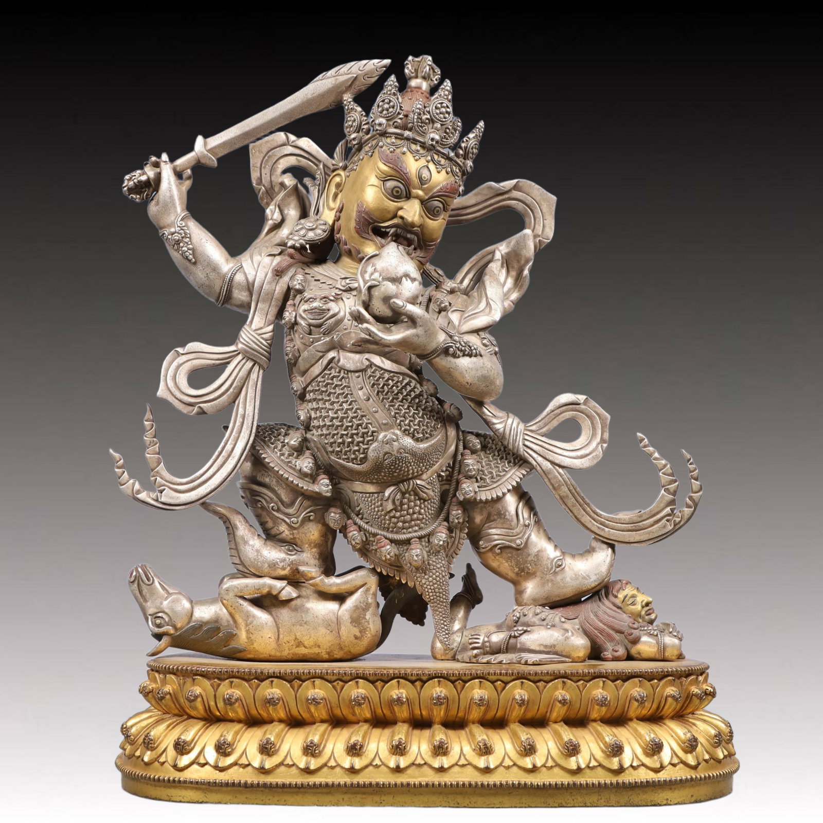 A Solemn Gilt Silver Statue of Mammon: A Solemn Gilt Silver Statue of Mammon, Ming Dynasty, China, Yongle Six-character Mark, Size:15inx6.3inx19.7in, Weight:15200g
