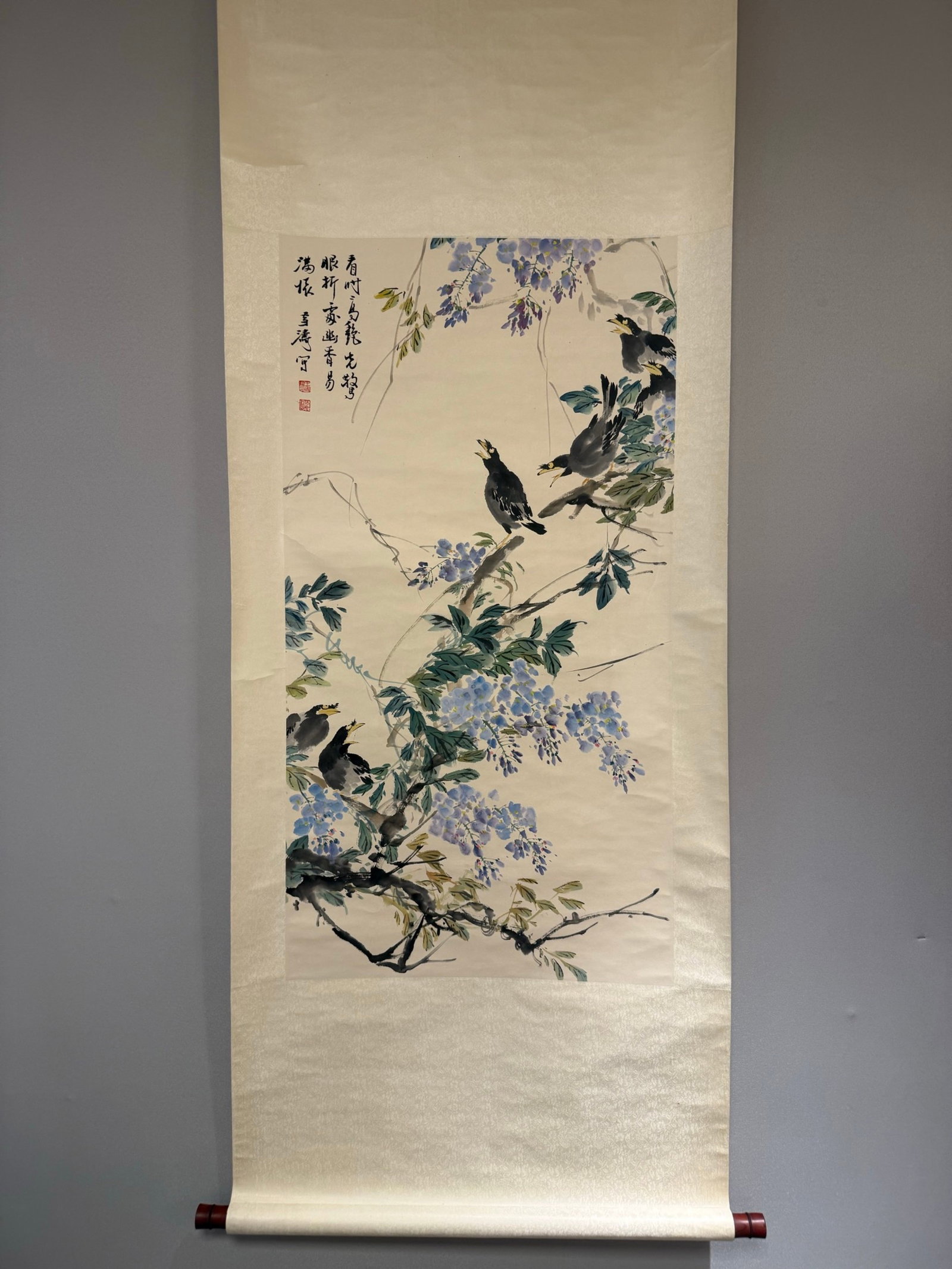A Chinese Vertical Scroll Ink Painting of Flower and Bird on Paper: A Chinese Vertical Scroll Ink Painting of Flower and Bird on Paper,Wang Xuetao,Size:38.6inx20.1in 一幅中国水墨花鸟画立轴,王Ƃ