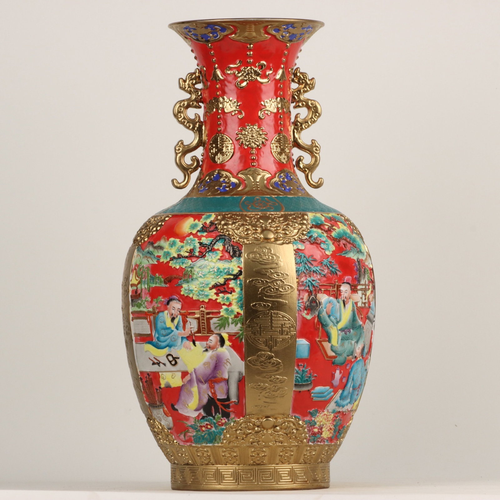 A Huge Enamel Gilt Figure and Story Pattern Dragon-Ears Vase: A Huge Enamel Gilt Figure and Story Pattern Dragon-Ears Vase,Qing Dynasty, China,Qianlong Six-character Mark,Size:20.5inx10.6in 珐琅彩鎏金人物故事