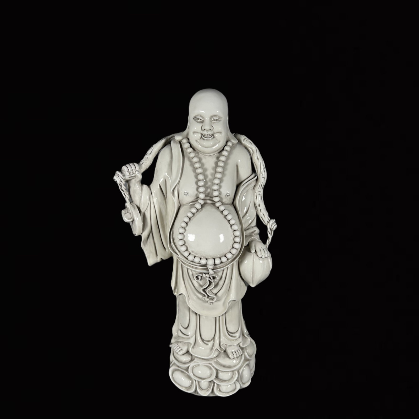 A Solemn Blance-De-Chine Statue of Maitreya Buddha: A Solemn Blance-De-Chine Statue of Maitreya Buddha,Ming Dynasty,China,He Chaozong Mark,Size:23in 德化瓷弥勒佛像,中国明代,何ć