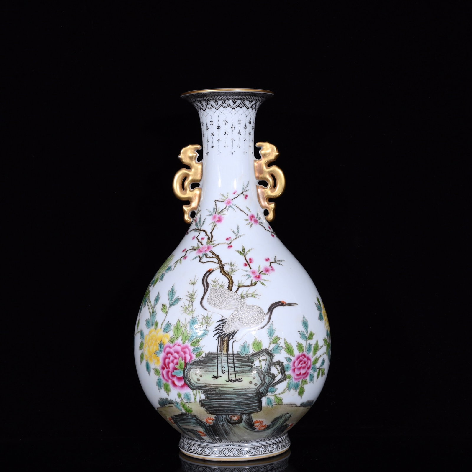 A Rare Famille-Rose Flower and Crane Pattern Double-Ears Vase,with Poem: A Rare Famille-Rose Flower and Crane Pattern Double-Ears Vase,with Poem,Qing Dynasty,China,Qianlong Six-Character Mark,Size:12.2inx6.7in 粉彩花卉鹤纹双耳