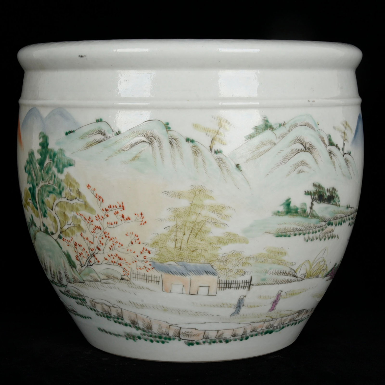 An Exquisite Light Crimson Color Landscape and Figure Pattern Vat: An Exquisite Light Crimson Color Landscape and Figure Pattern Vat,Qing Dynasty,China,Size:10inx11.6in