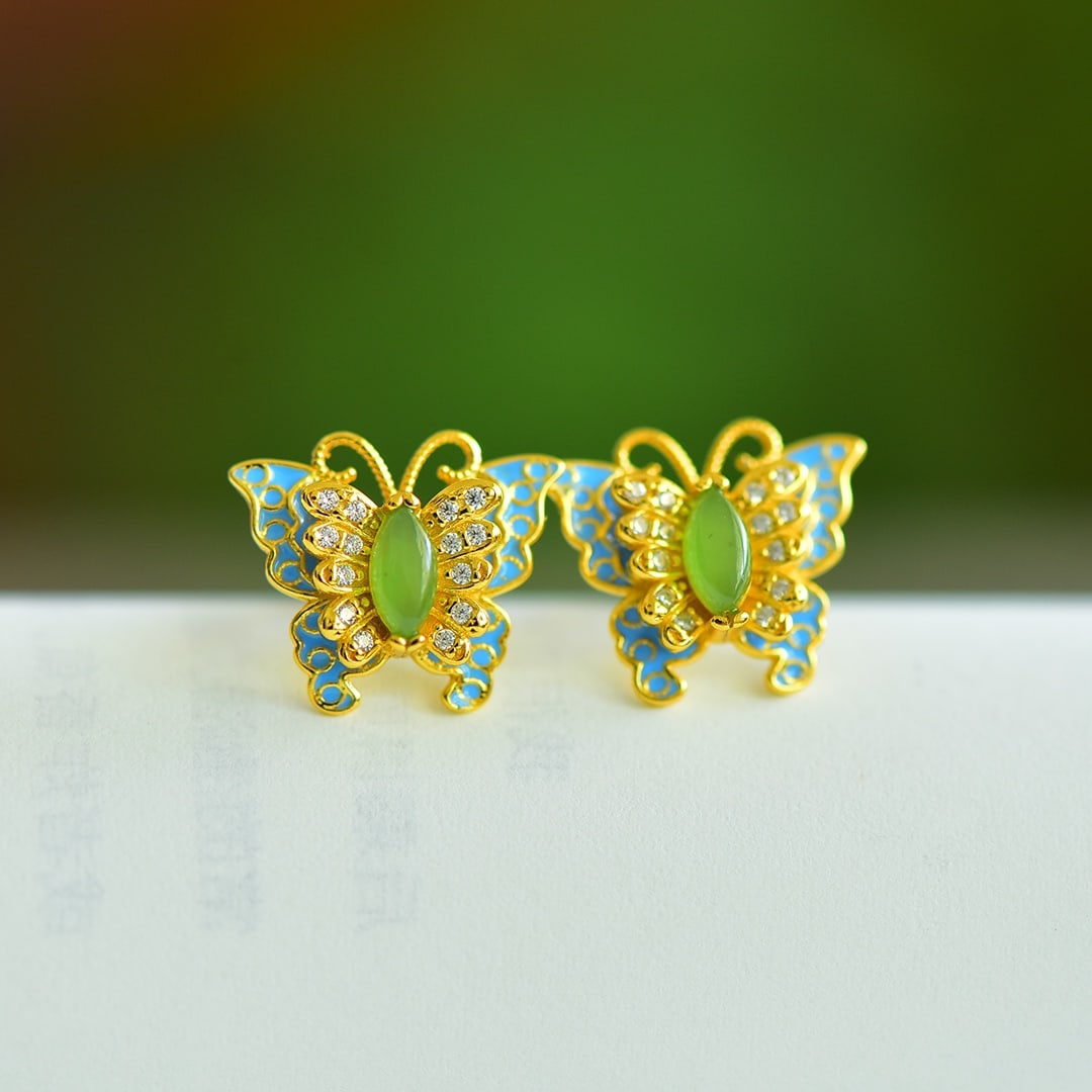 A Pair of Exquisite Sterling Silver-Gold Plated Inlaid Jasper Earrings,Inlaid Diamond: A Pair of Exquisite Sterling Silver-Gold Plated Inlaid Jasper Earrings,Inlaid Diamond 一对纯银镀金镶碧玉耳环,嵌钻石
