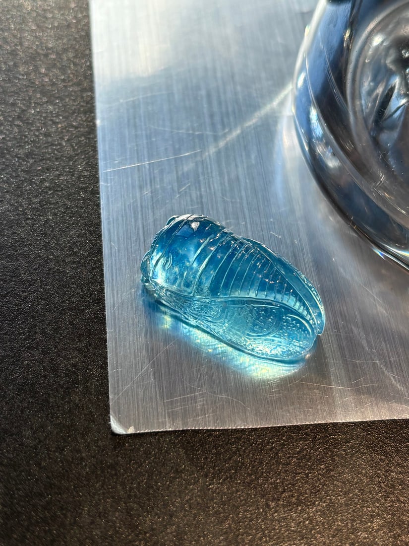 An Exquisite Aquamarine Cicada Ornament: An Exquisite Aquamarine Cicada Ornament,Size:29mmx15mmx12mm,Weight:8.7g 海蓝宝蝉摆件