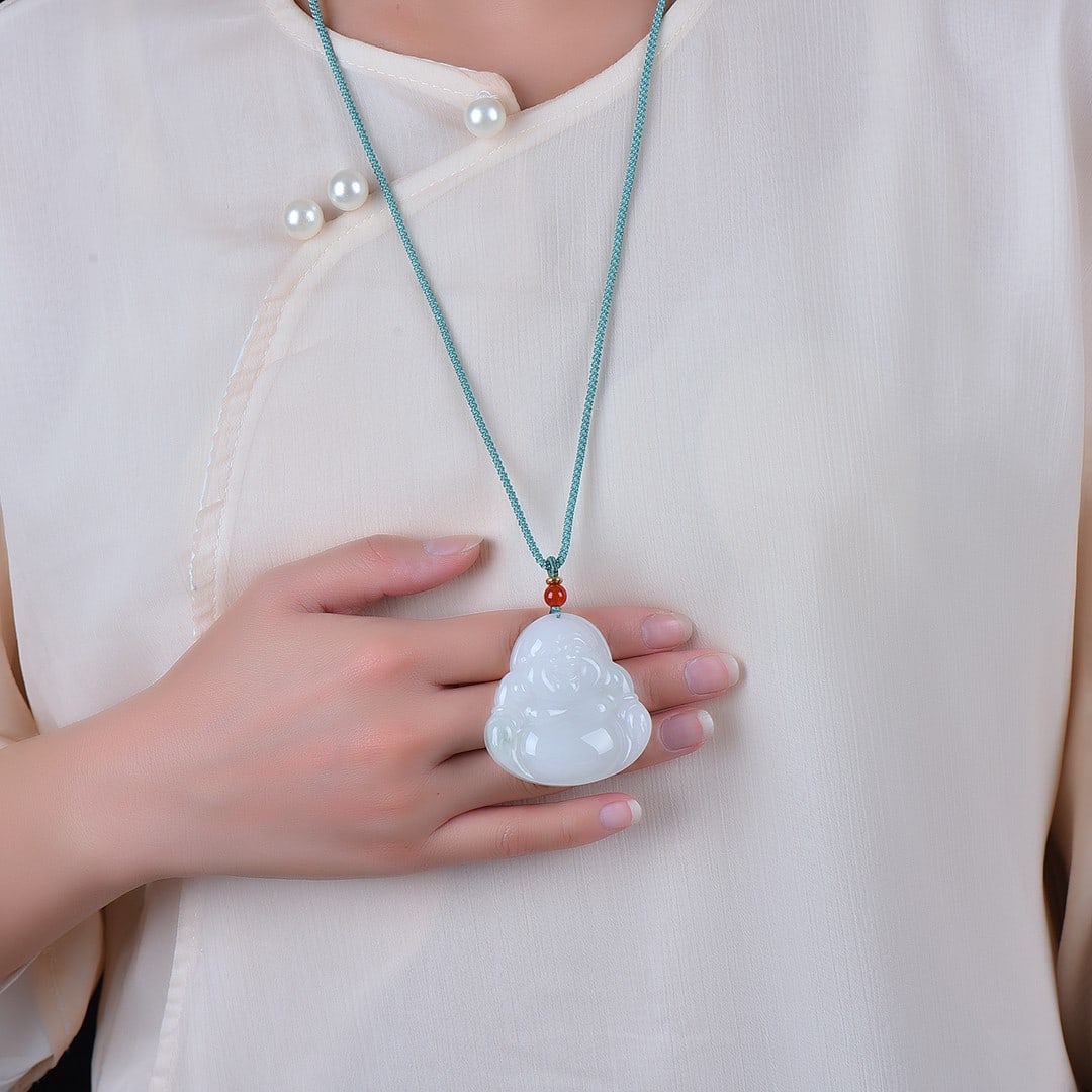 An Exquisite Jadeite Statue of Maitreya Buddha Pendant: An Exquisite Jadeite Statue of Maitreya Buddha Pendant,Size:46mmx48mm 翡翠弥勒佛挂件