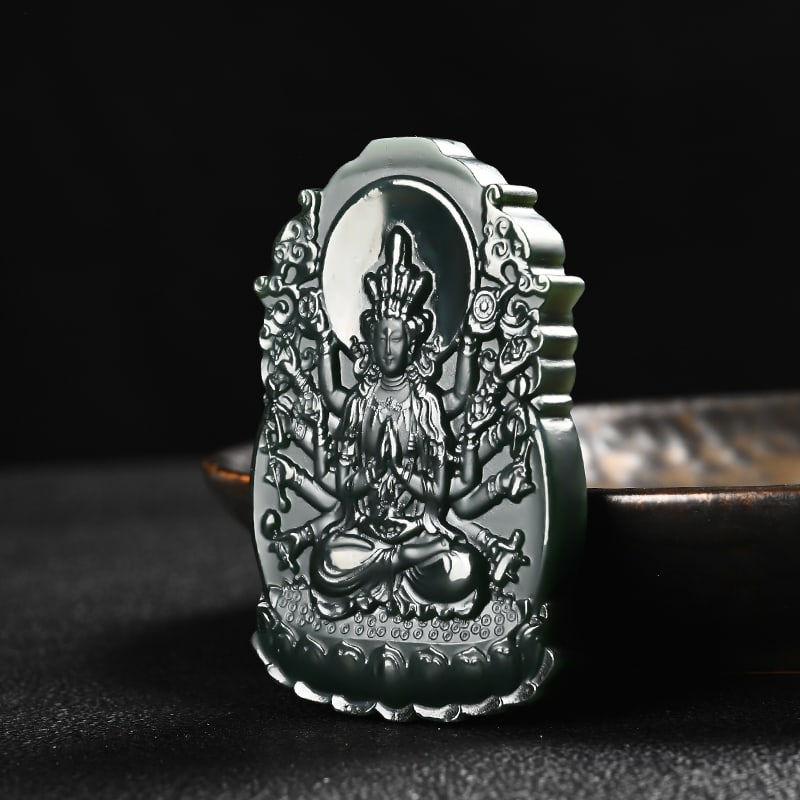 An Exquisite Cyan jade Statue of Thousand-Hand Avalokitesvara Pendant: An Exquisite Cyan jade Statue of Thousand-Hand Avalokitesvara Pendant,Size:63mmx38mmx8mm 青玉千手观音像挂件