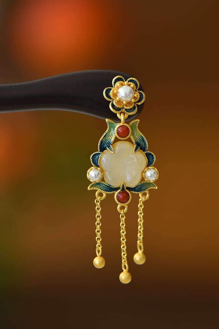 An Exquisite Sterling Silver-Gold Plated Inlaid White Jade Enamel Ebony Hairpin,Inlaid Pearl: An Exquisite Sterling Silver-Gold Plated Inlaid White Jade Enamel Ebony Hairpin,Inlaid Pearl