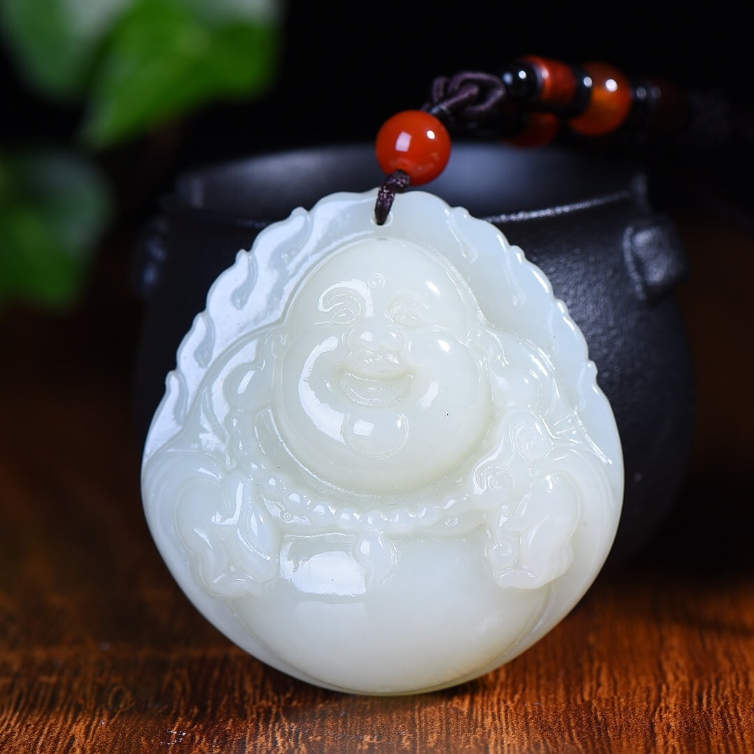 An Exquisite White Jade Statue of Maitreya Buddha Pendant: An Exquisite White Jade Statue of Maitreya Buddha Pendant,Size:52mmx55mmx21mm 白玉弥勒佛像挂件