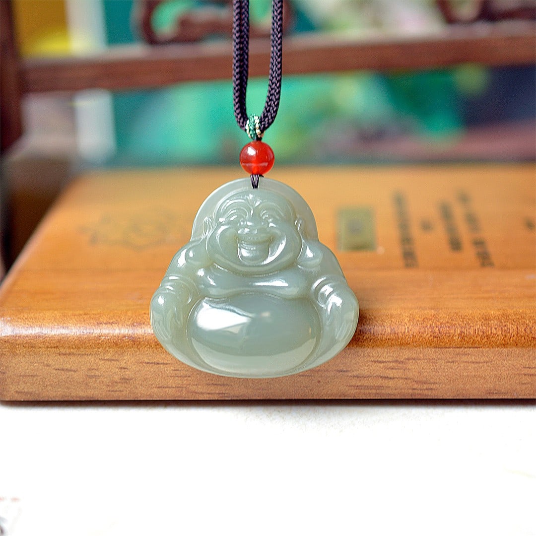 An Exquisite Greenish Jade Statue of Maitreya Buddha Pendant: An Exquisite Greenish Jade Statue of Maitreya Buddha Pendant,Size:47mmx48mm 青玉弥勒佛像挂件