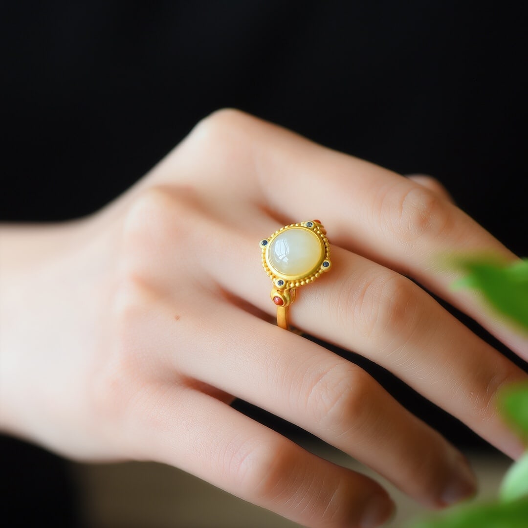 An Exquisite Sterling Silver-Gold Plated Inlaid White Jade Ring: An Exquisite Sterling Silver-Gold Plated Inlaid White Jade Ring,Size:10mmx10mm 纯银镀金镶白玉戒指