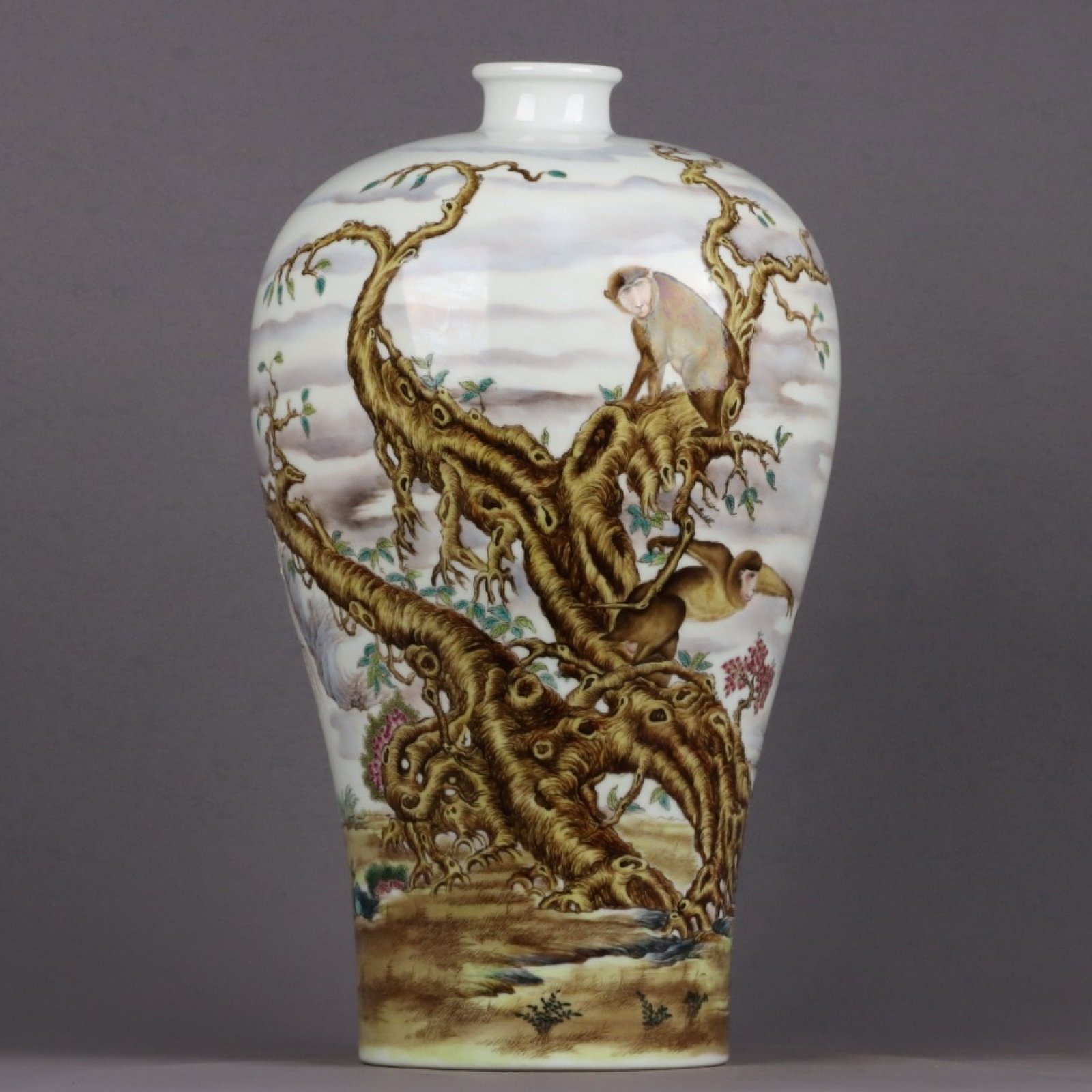 An Exquisite Enamel Monkey Pattern Vase,with Poem: An Exquisite Enamel Monkey Pattern Vase,with Poem ,Qing Dynasty, China,Yongzheng Six-character Mark,Size:15.6inx9.1in