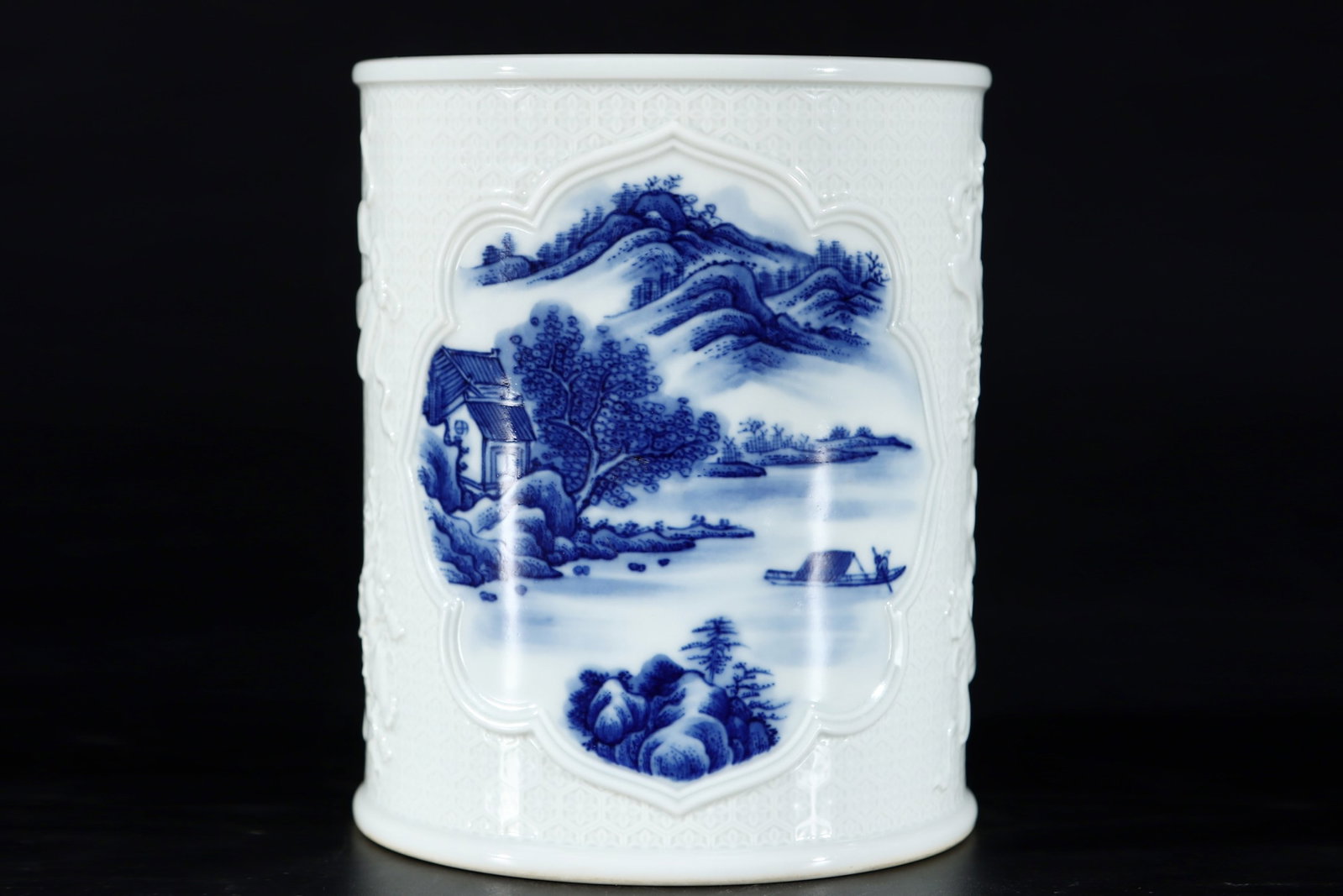 An Exquisite Blue and White Landscape and Figure Pattern Brush Pot: An Exquisite Blue and White Landscape and Figure Pattern Brush Pot,Qing Dynasty,China,Yongzheng Six-character Mark,Size:5.2inx4.3in