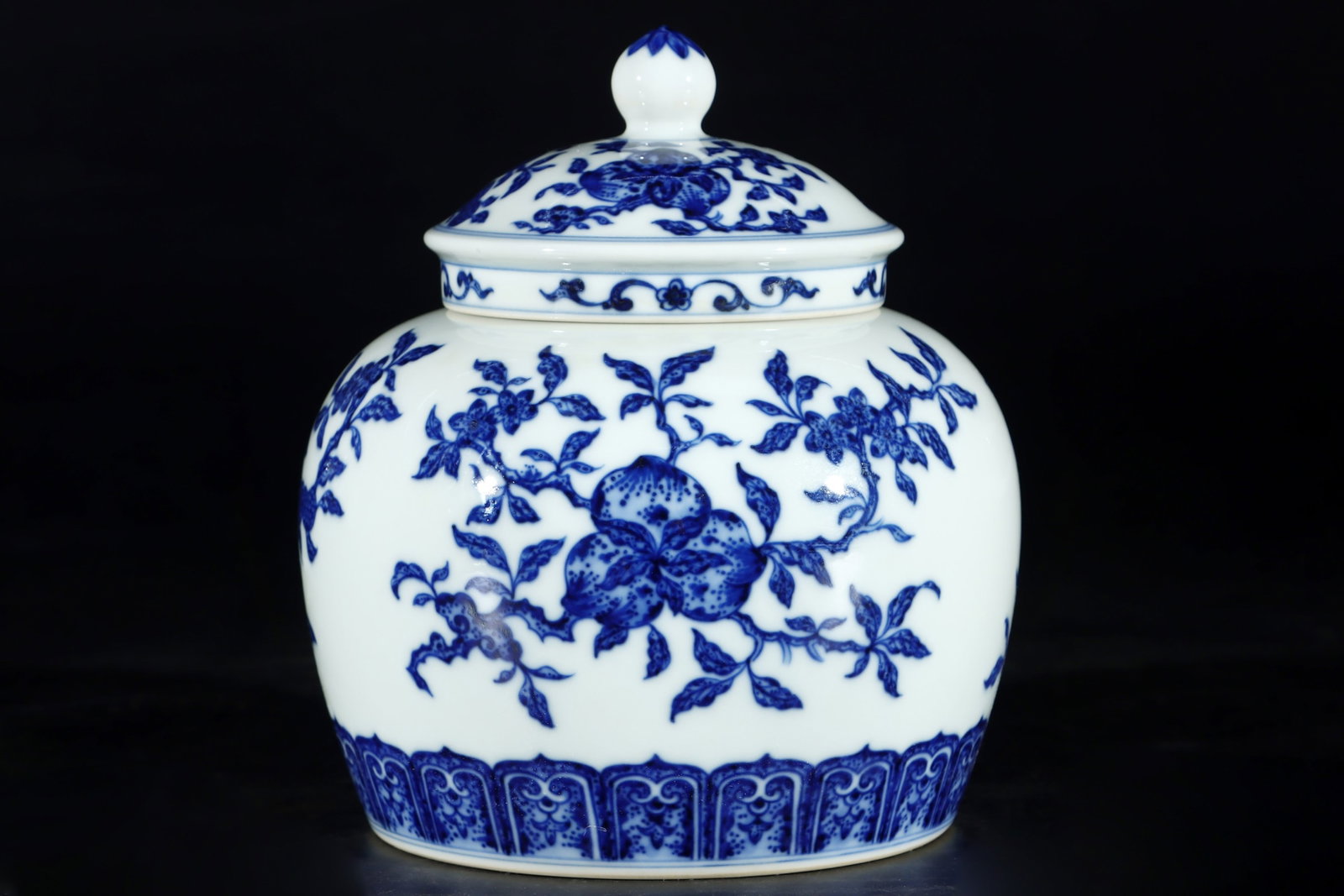 An Exquisite Blue and White Flower and Fruit Pattern Tea Caddy: An Exquisite Blue and White Flower and Fruit Pattern Tea Caddy,Qing Dynasty,China,Yongzheng Six-character Mark,Size:7.1inx5.8in