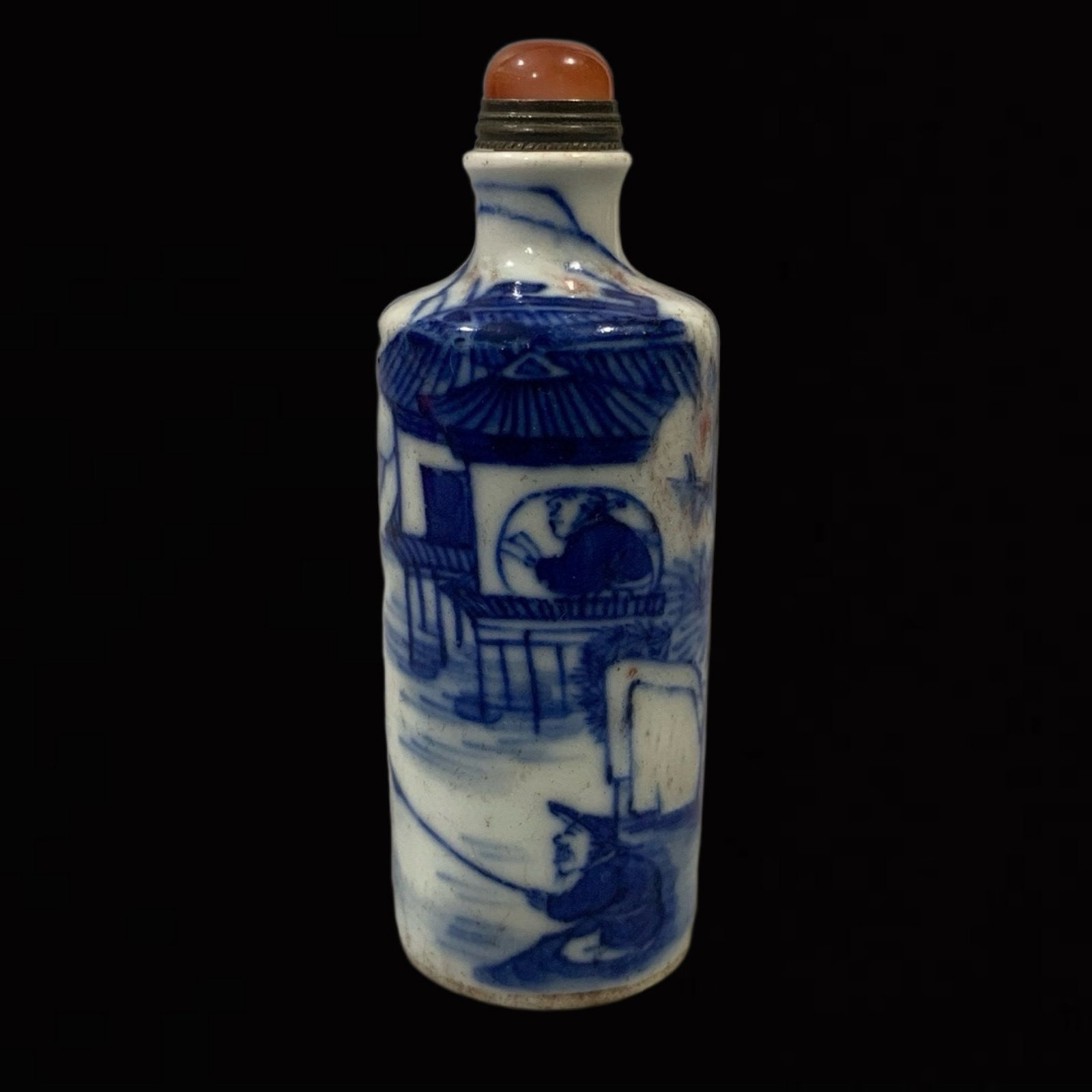 An Exquisite Blue and White Landscape and Figure Pattern Snuff Bottle: An Exquisite Blue and White Landscape and Figure Pattern Snuff Bottle,Qing Dynasty,China,Size:3.2inx1.2in 青花山水人物纹鼻烟壶,中Þ