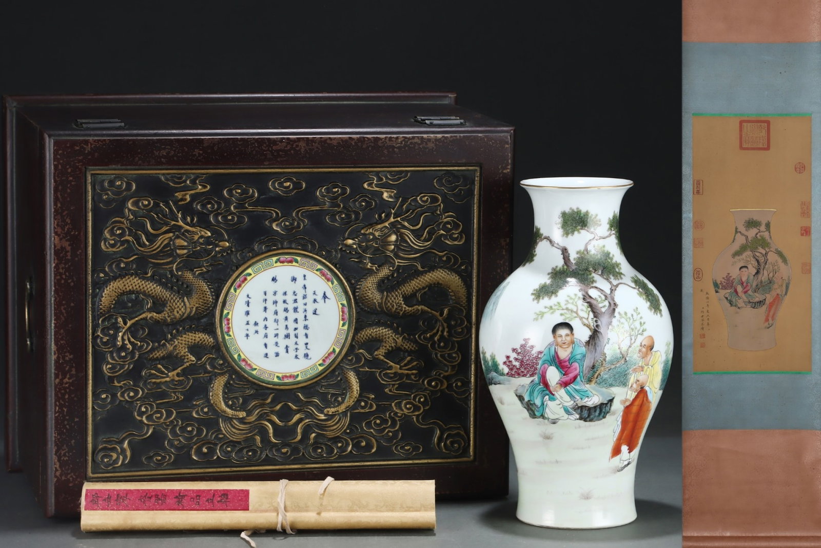 A Rare Famille-Rose Painted Gold Character and Story Pattern Vase,with poem,with Chinese Vertical: A Rare Famille-Rose Painted Gold Character and Story Pattern Vase,with poem,with Chinese Vertical Scroll Ink Painting on Silk,Qing Dynasty,China,Yongzheng Six-character Mark,Size:(Without frame)25.2in