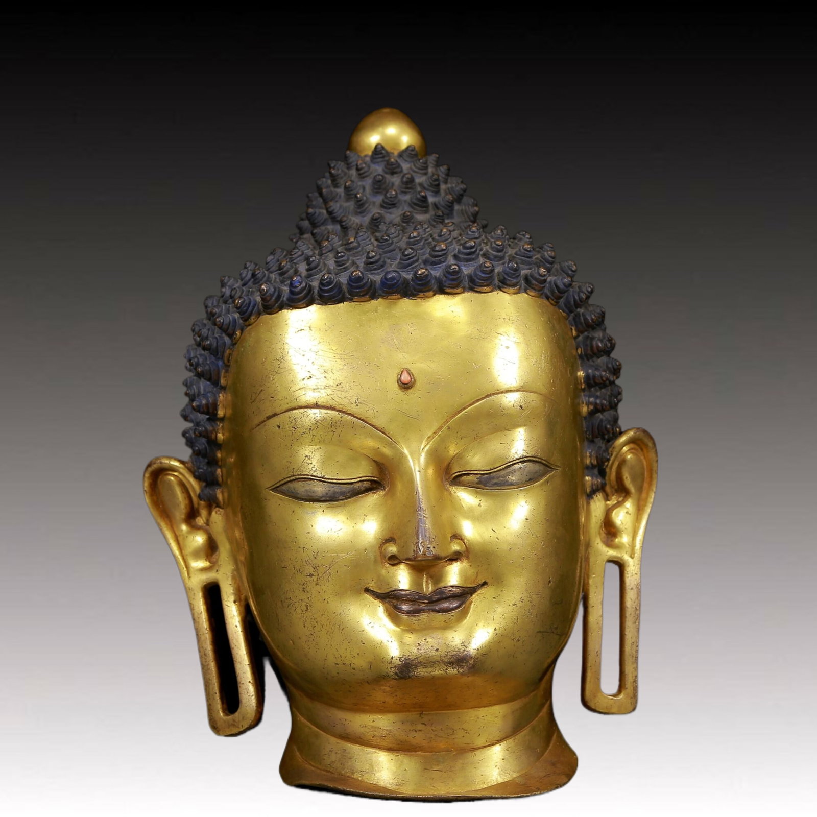 A Brilliant Gilt-Bronze Head Of Buddha Shakyamuni: A Brilliant Gilt-Bronze Head Of Buddha Shakyamuni. Superbly and sensitively sculpted in the form of the head of Buddha Shakyamuni, with well-defined arched eyebrows juxtaposed with the prominent nose