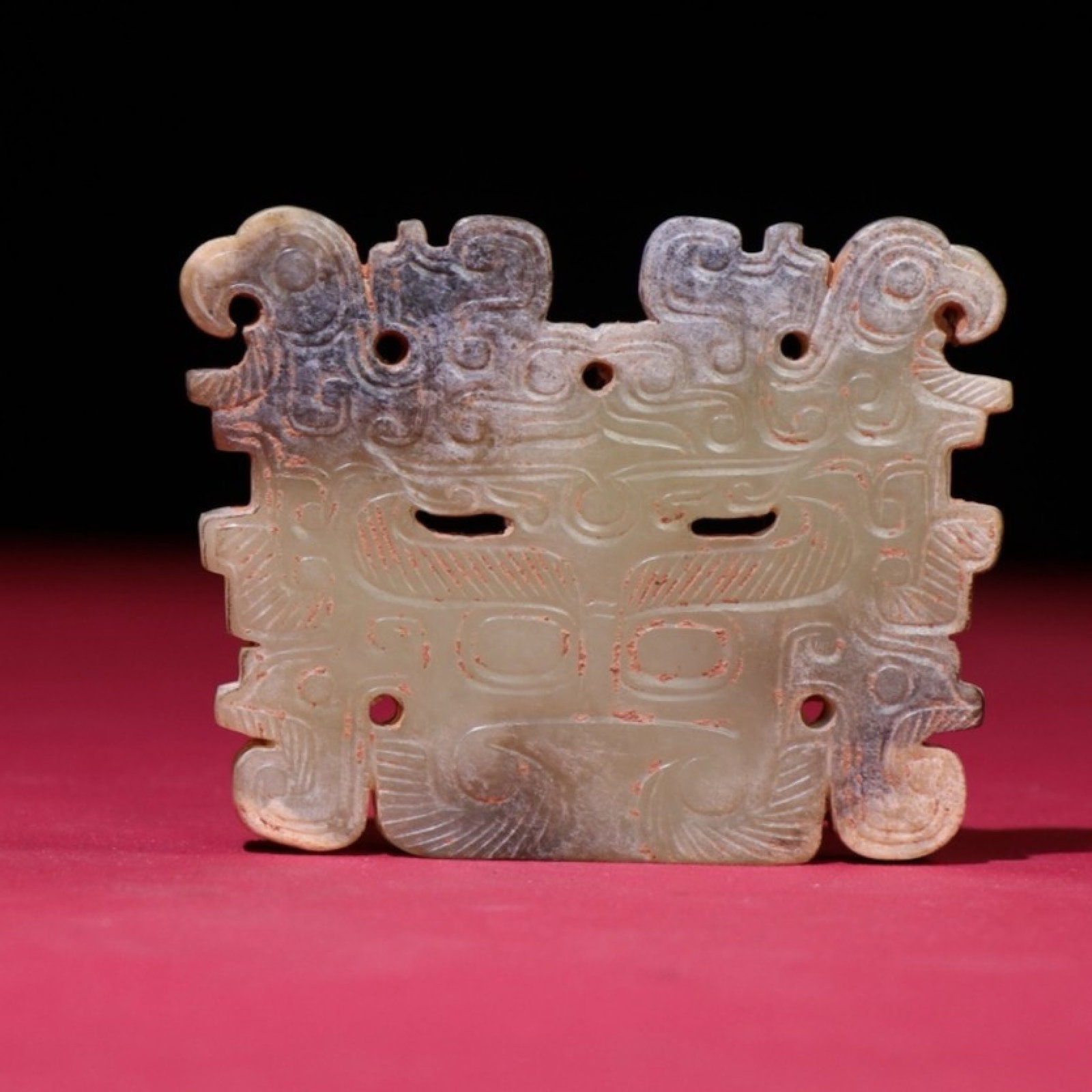 An Exquisite White Jade Beast-Face Pattern Pendant: An Exquisite White Jade Beast-Face Pattern Pendant,Qing Dynasty,China,Size:82mmx64mmx6mm,Weight:79g 白玉兽面纹挂件,中国清代