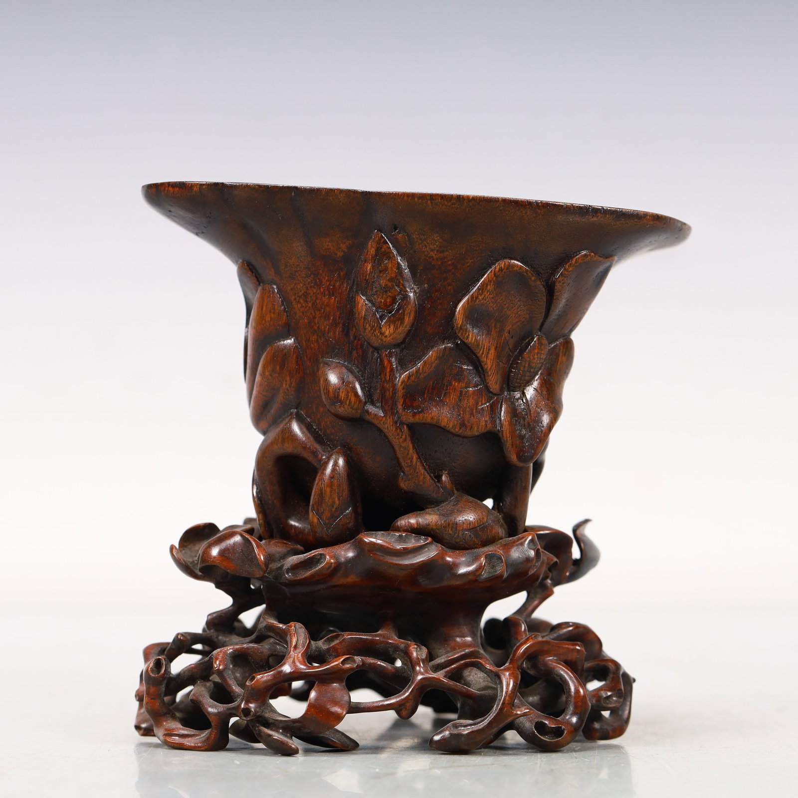 A Rare Eaglewood Flower Pattern Libation Cup: A Rare Eaglewood Flower Pattern Libation Cup,Qing Dynasty,China,Size:4.7inx3.5inx4.3in,Weight:159g 沉香木雕花卉纹杯,清代