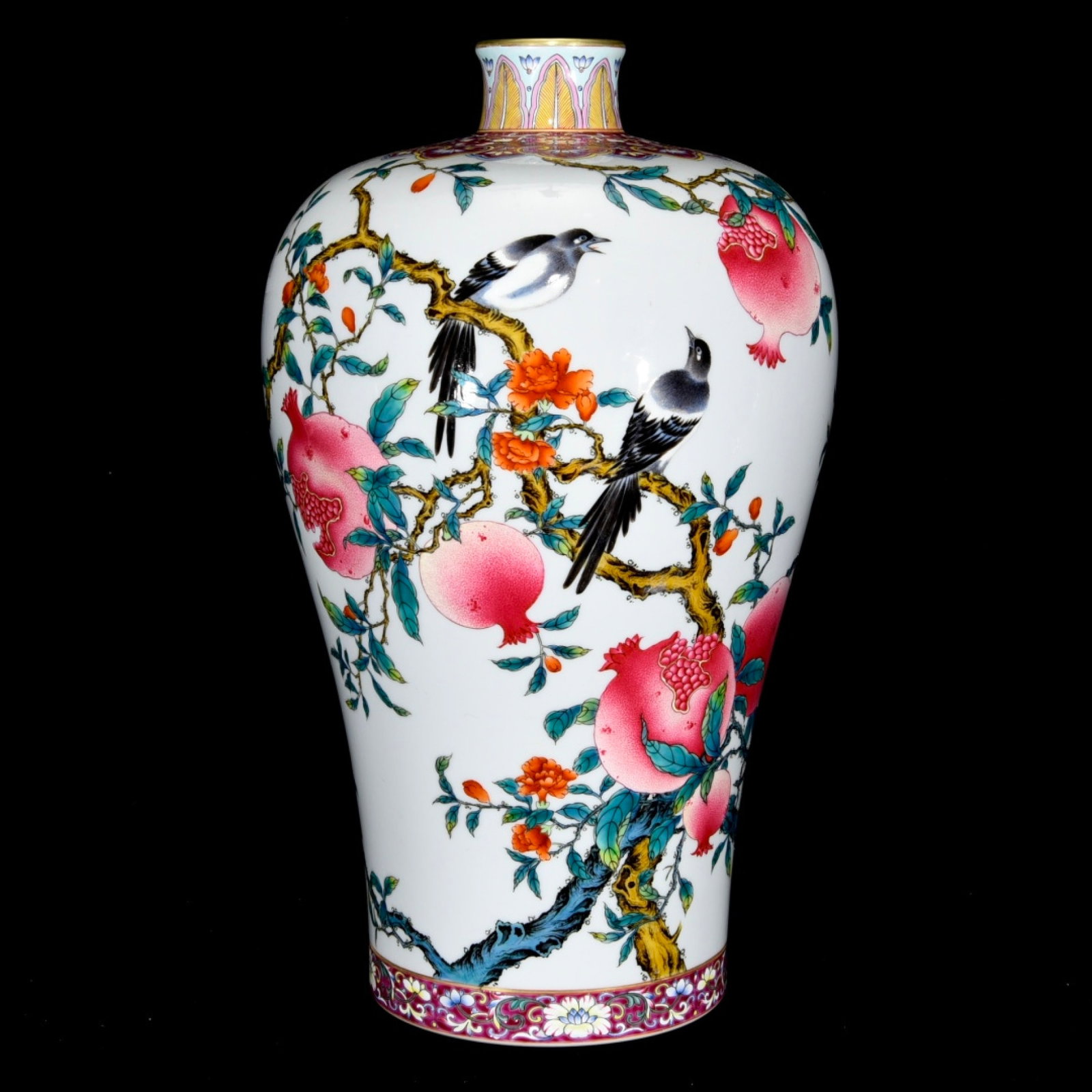 A Rare Famille-Rose Flower and Bird Pattern Vase: A Rare Famille-Rose Flower and Bird Pattern Vase,Qing Dynasty,China,Yongzheng Six-Character Mark,Size:14.2inx8.3in