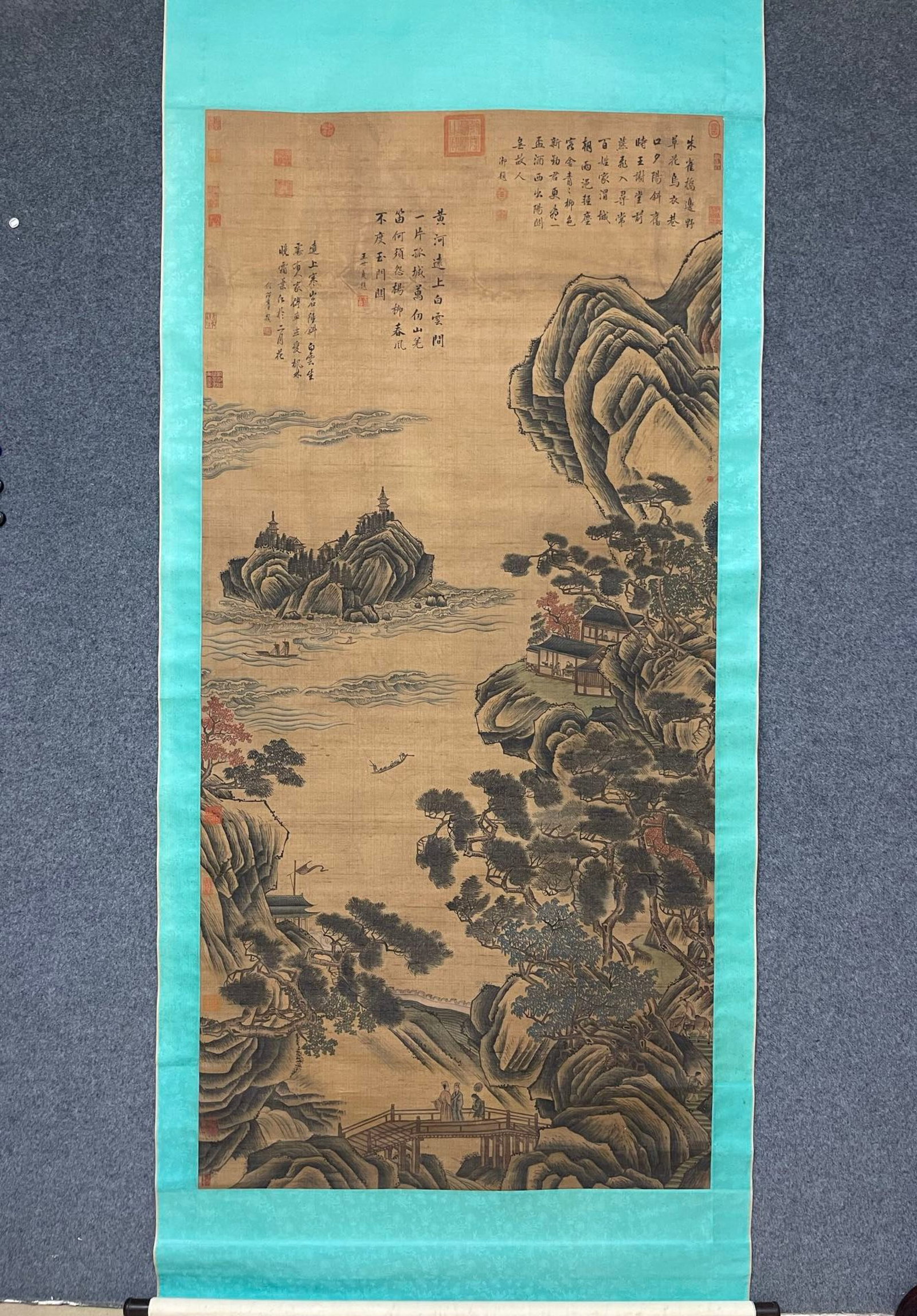 A Chinese Vertical Scroll Ink Painting of Landscape on Silk: A Chinese Vertical Scroll Ink Painting of Landscape on Silk,Li Tang,Size:39.4inx85.8in 一幅中国水墨绢本山水画立轴,宋