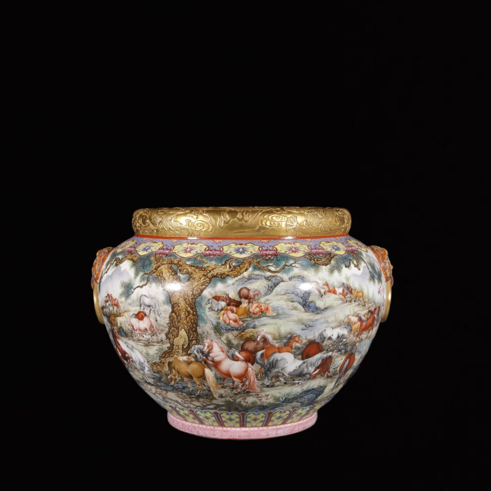 An Exquisite Enamel Pine and Horse Pattern Lion-Ears Vat: An Exquisite Enamel Pine and Horse Pattern Lion-Ears Vat,Qing Dynasty,China,Qianlong Four-character Mark,Size:12.6inx12.4in 珐琅彩松马纹狮耳缸,