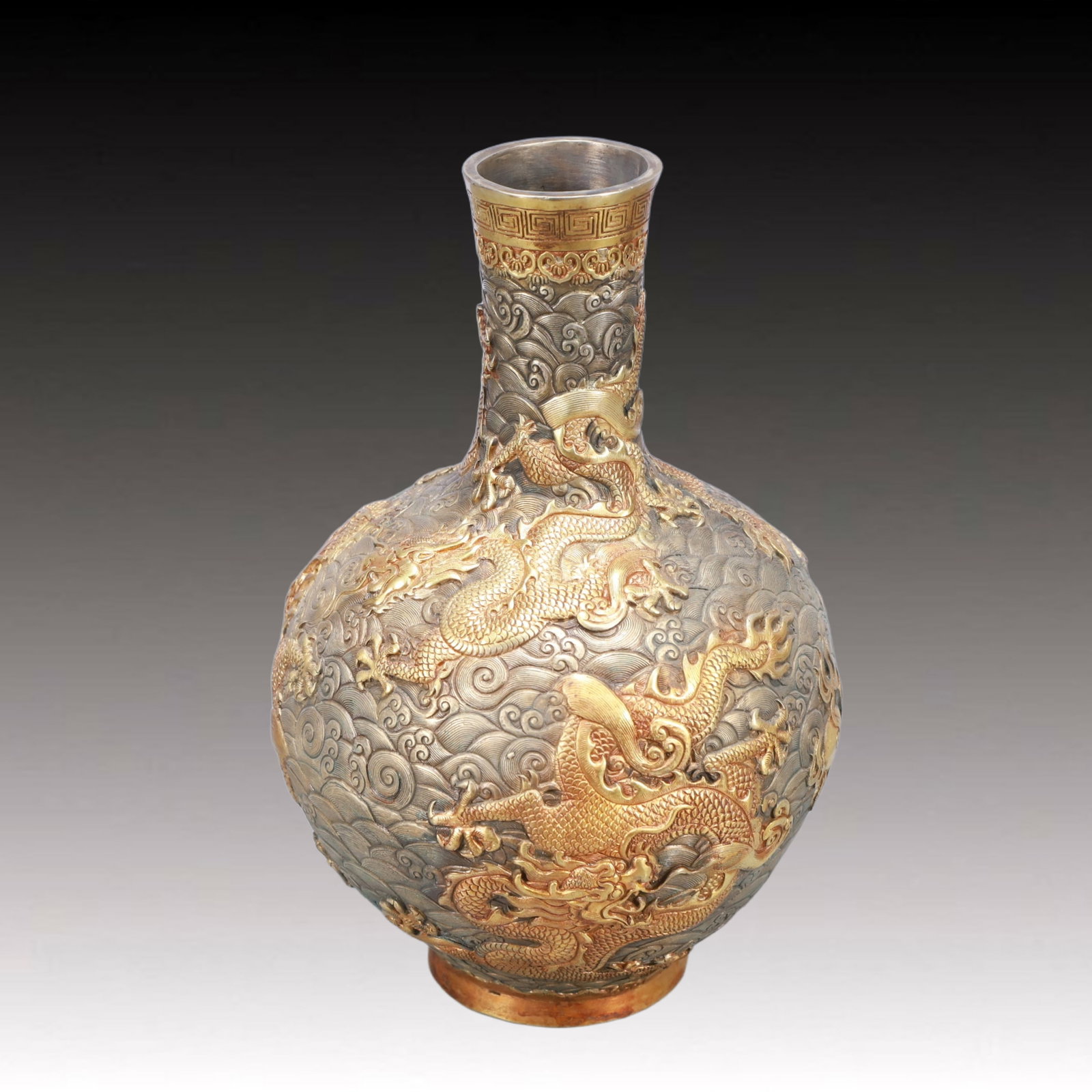 A Rare Gilt Silver Dragon Pattern Vase - 2