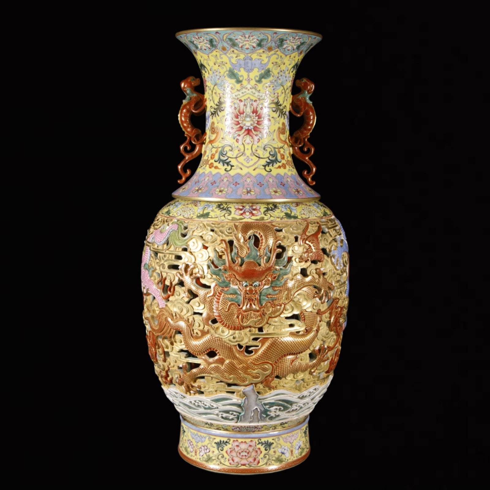 An Exquisite Enamel Gold Ground Auspicious Cloud and Dragon Pattern Double-Ears Vase: An Exquisite Enamel Gold Ground Auspicious Cloud and Dragon Pattern Double-Ears Vase,Qing Dynasty,China,Qianlong Four-character Mark,Size:23.2inx7.9in