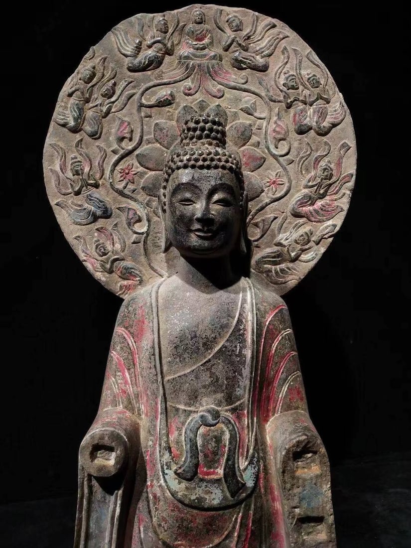 A Rare Limestone Painted Color Buddha Statue Ornament: A Rare Limestone Painted Color Buddha Statue Ornament,Qing Dynasty, China,Size:31.5inx13.8in 青石彩绘佛像摆件,中国清代