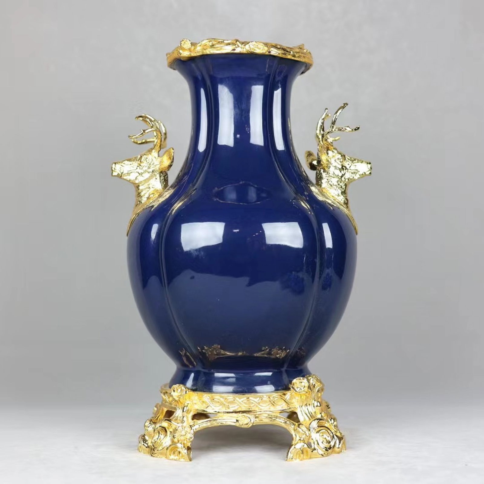 A Huge Ji Blue Glazed Inlaid Bronze Deer-Ears Vase: A Huge Ji Blue Glazed Inlaid Bronze Deer-Ears Vase,Qing Dynasty,China,Yongzheng Six-character Mark,Size:16.9inx10.6in 霁蓝釉镶铜鹿耳瓶,中国&