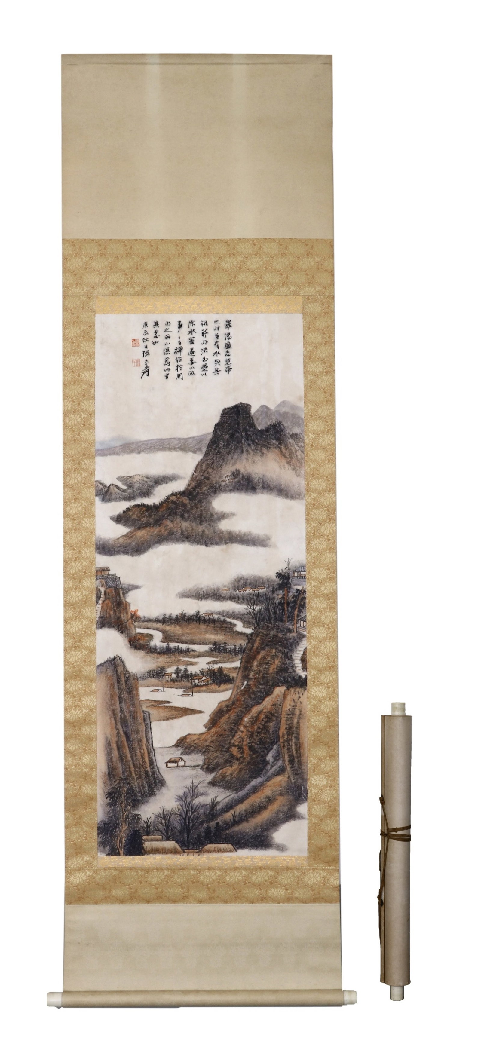 A Chinese Vertical Scroll Ink Painting of Landscape on Paper: A Chinese Vertical Scroll Ink Painting of Landscape on Paper,Zhang Daqian,Size:41.3inx15.7in 一幅中国水墨山水画立轴,张大&#