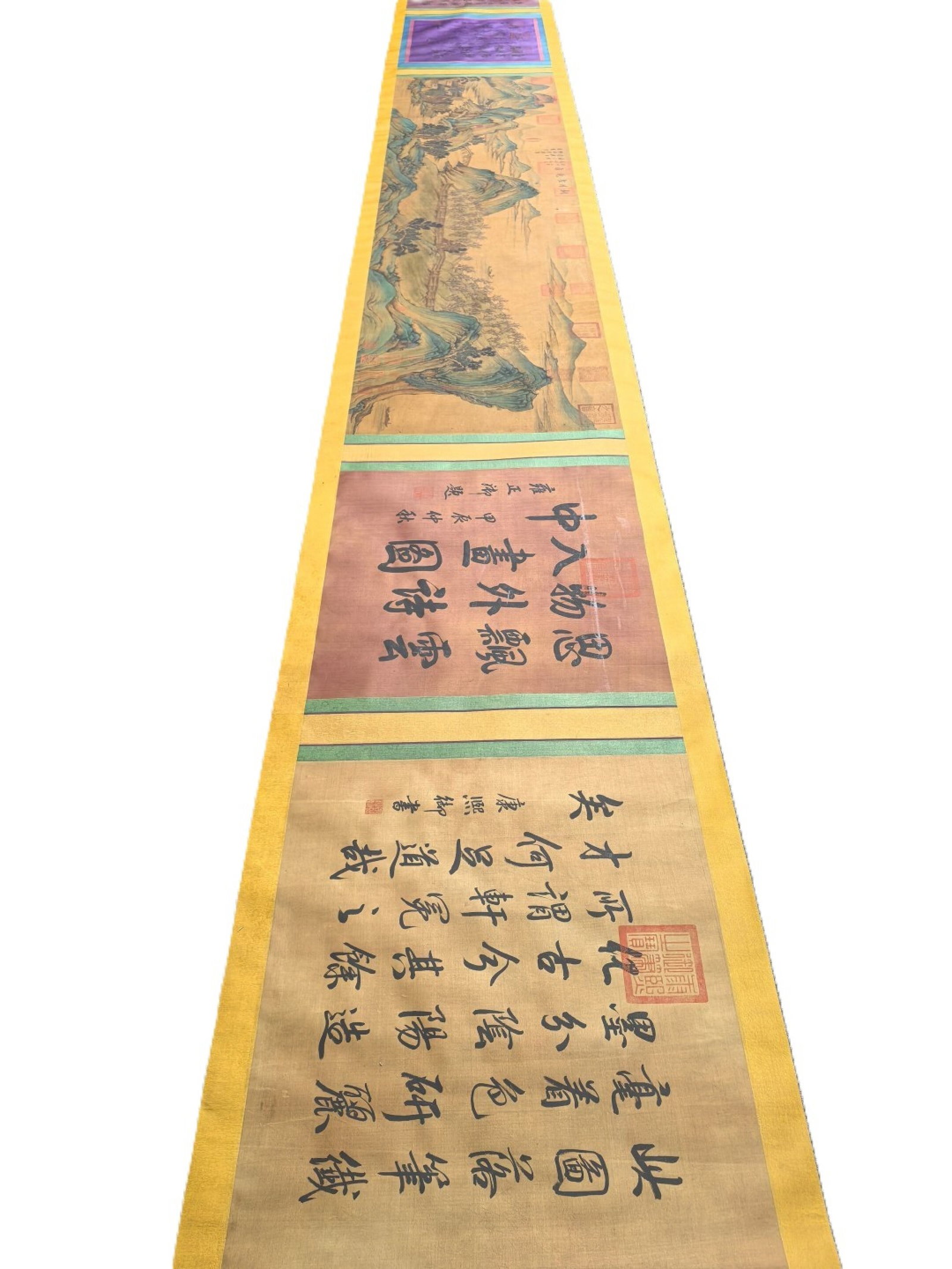 A Chinese Hand Scroll Ink Painting of Landscape on Silk: A Chinese Hand Scroll Ink Painting of Landscape on Silk,Zhao Kuangyin,Size:(overall length)28.3inx315in,(Without frame)23.9inx95.7in 一幅中国水墨绢本