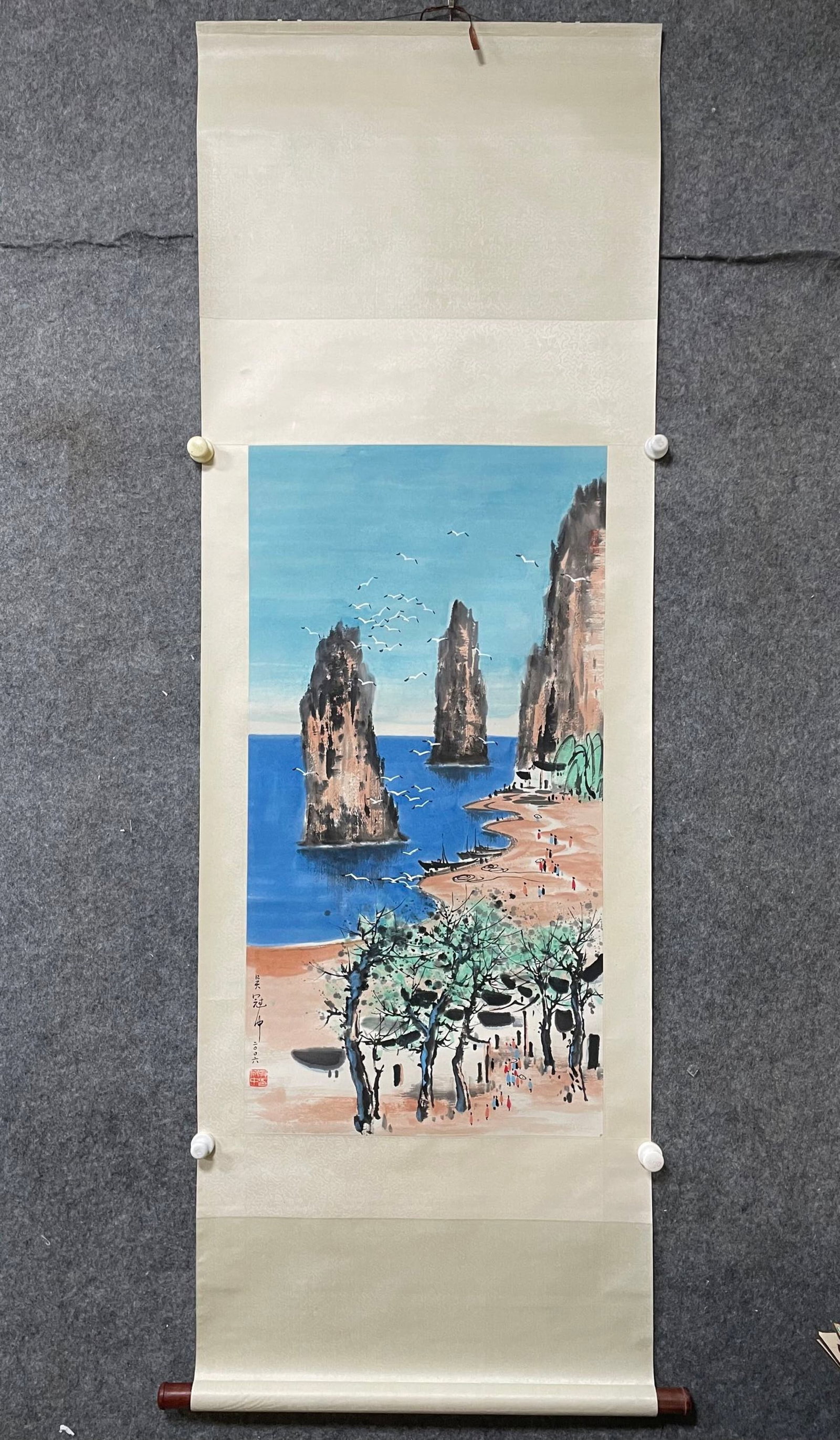 A Chinese Vertical Scroll Ink Painting of Landscape on Paper: A Chinese Vertical Scroll Ink Painting of Landscape on Paper,Wu Guanzhong,Size:20.5inx39.4in 一幅中国水墨山水画立轴,吴冠&#