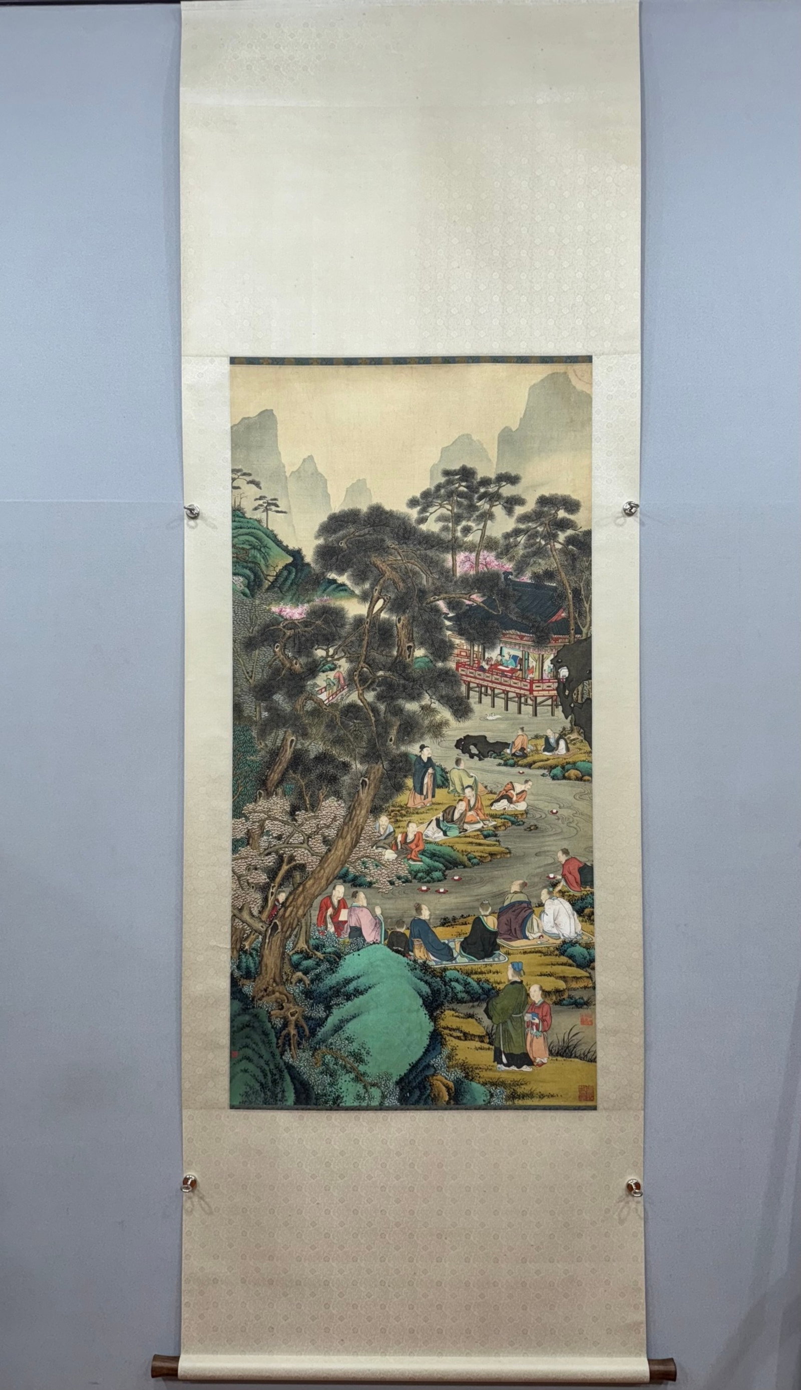 A Chinese Vertical Scroll Ink Painting of Figure and Story on Silk: A Chinese Vertical Scroll Ink Painting of Figure and Story on Silk,Chou Ying,Size:26.4inx53.5in 一幅中国水墨绢本人物故事画