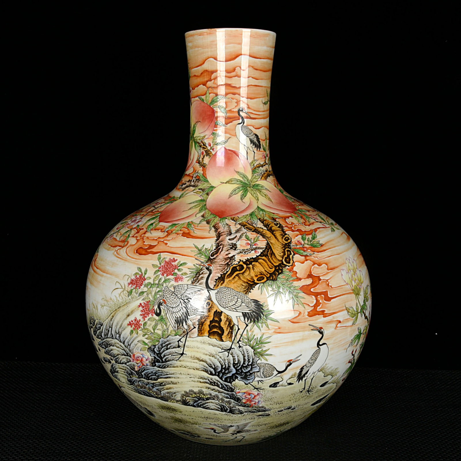 A Huge Enamel Pine and Crane Pattern Vase: A Huge Enamel Pine and Crane Pattern Vase,Qing Dynasty,China,Size:20.9inx15.7in 珐琅彩松鹤纹瓶,中国清代